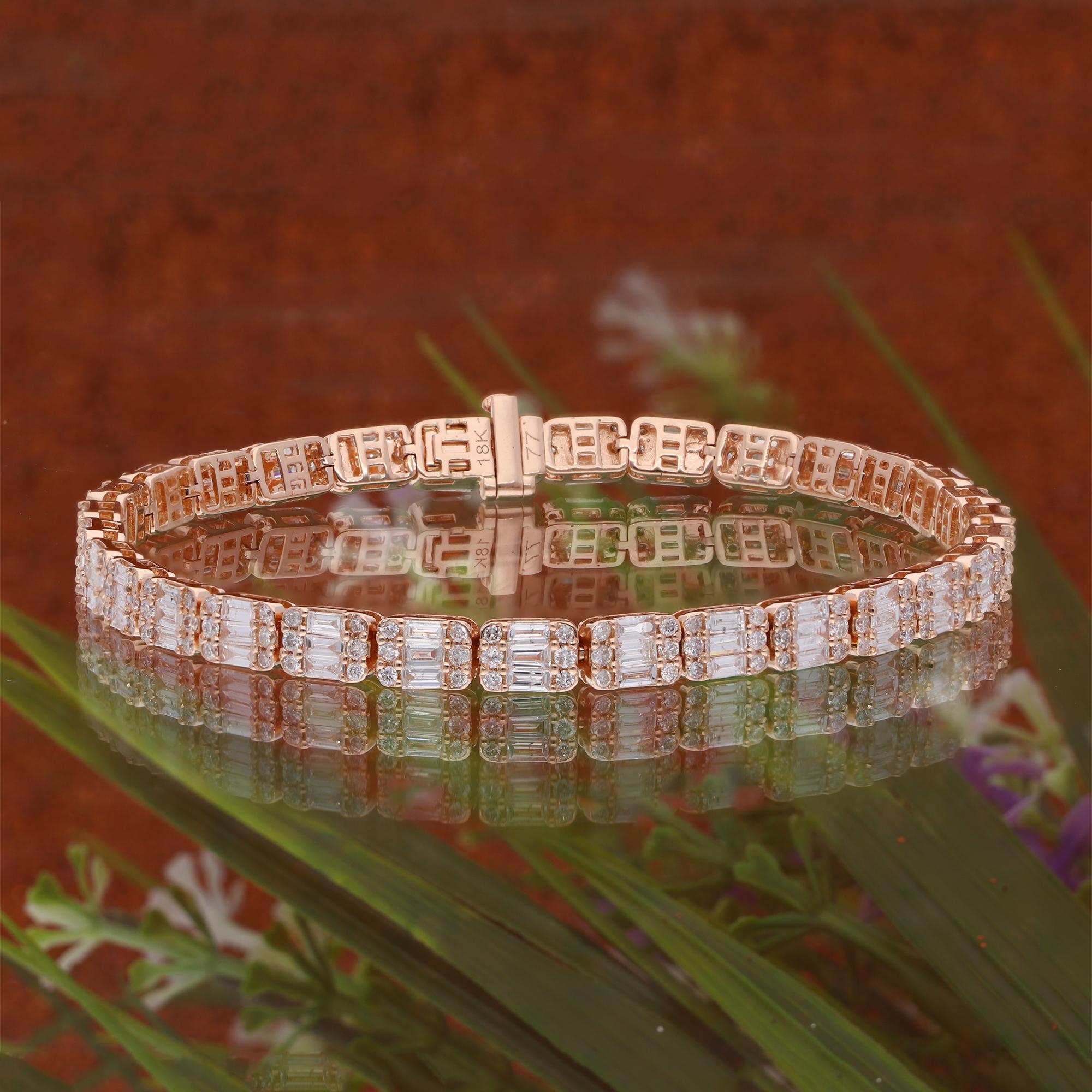 Moderno Bracciale tennis con diamanti tondi a grappolo Baguette da 5,9 carati, oro rosa 14 carati in vendita
