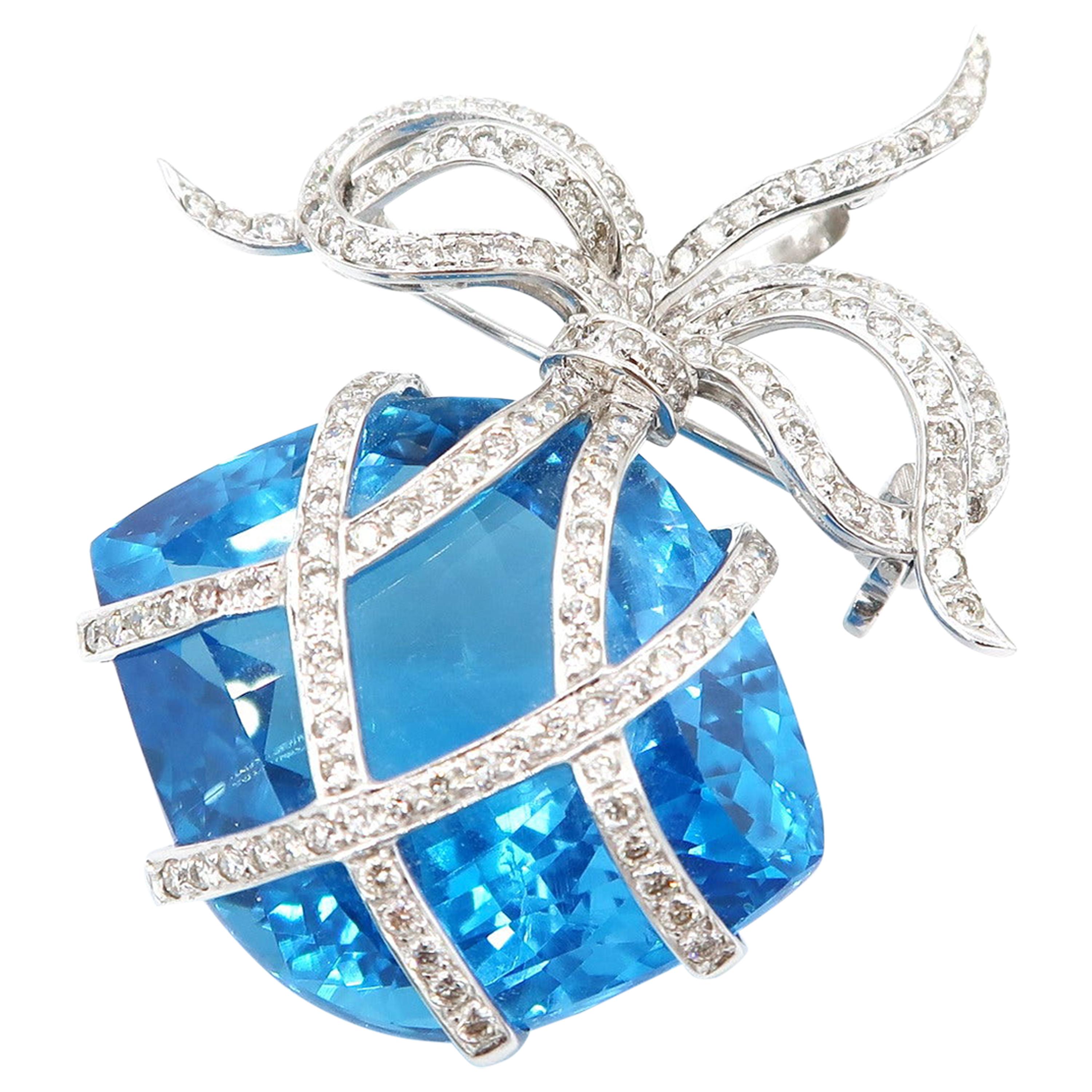 59 Carat Blue Topaz and Diamond Brooch/ Pendant For Sale