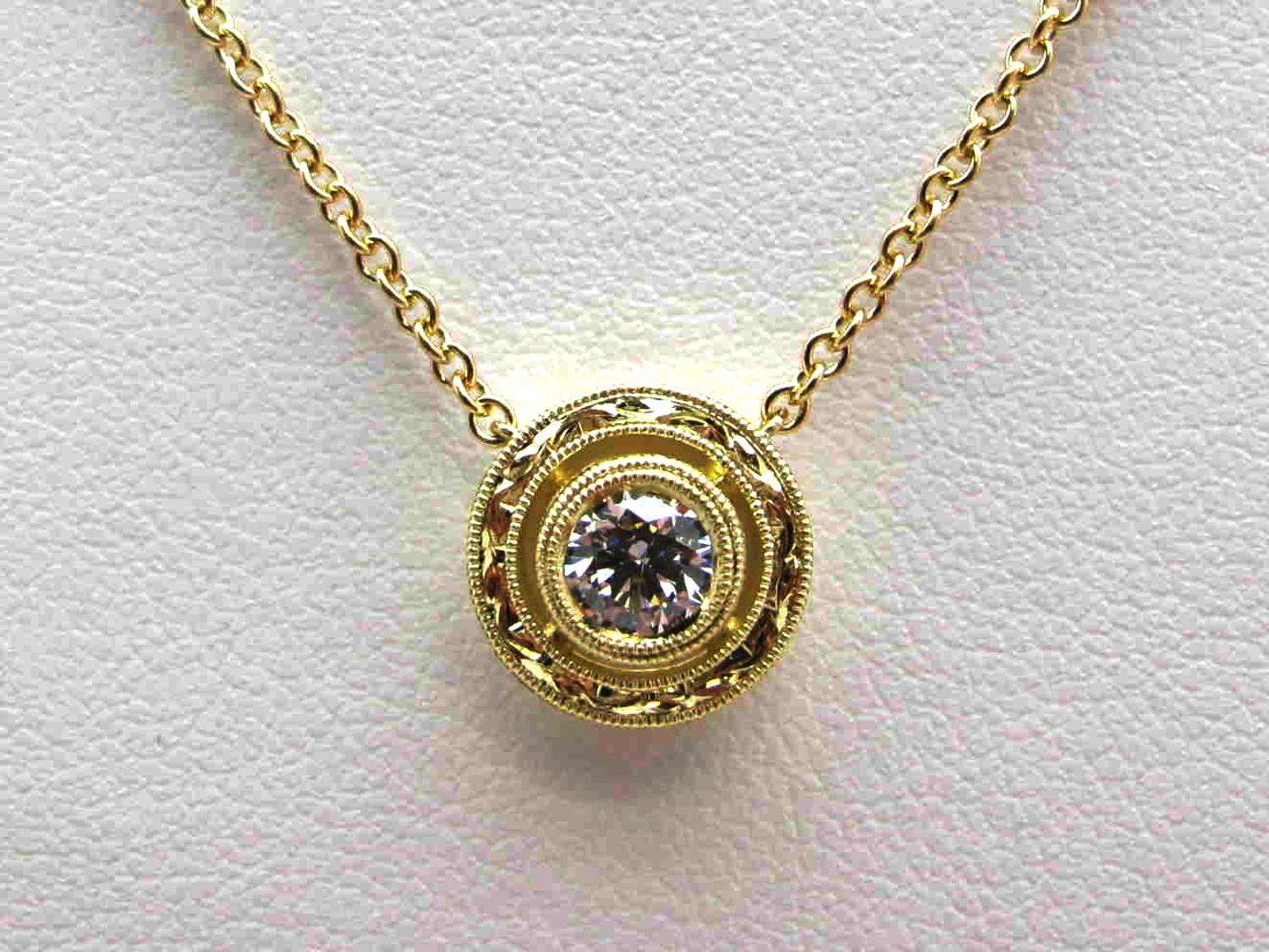 Round Cut .59 ct. t.w. Diamond, 18k Yellow Gold Handmade Engraved Circle Pendant Necklace 