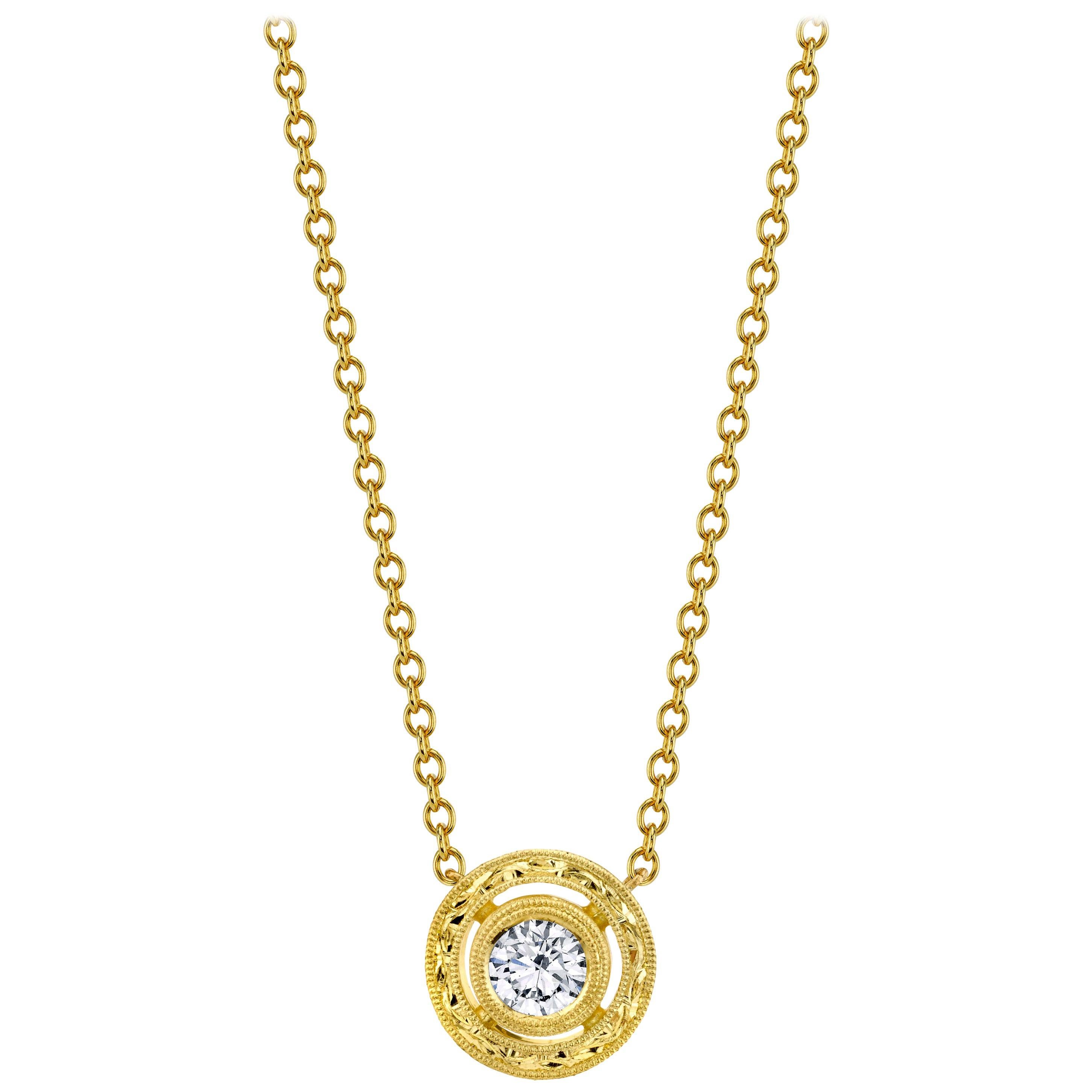 .59 ct. t.w. Diamond, 18k Yellow Gold Handmade Engraved Circle Pendant Necklace 