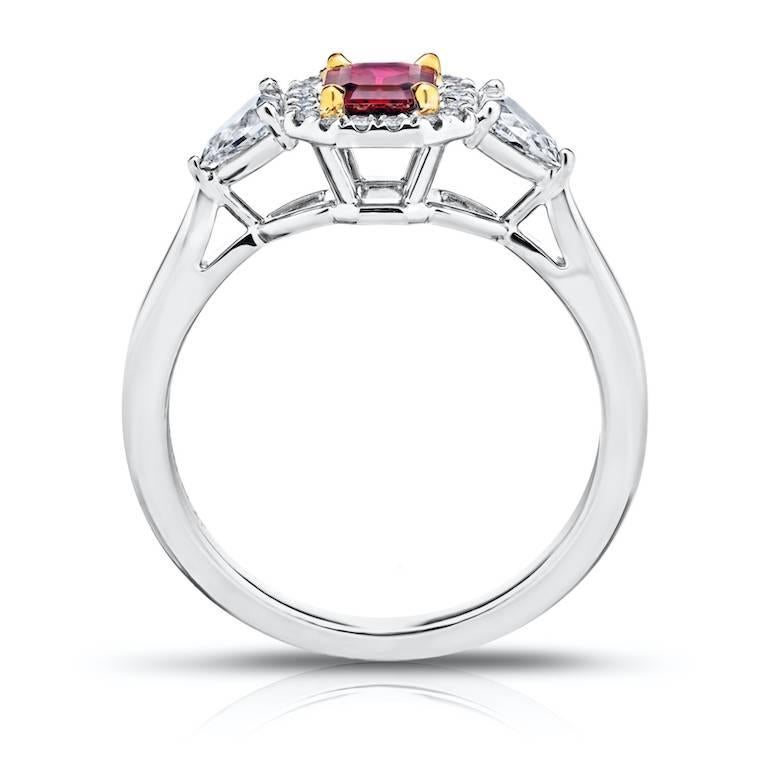 Contemporary .59 Carat Emerald Cut Natural No Heat Ruby and Diamond Platinum and 18k Ring