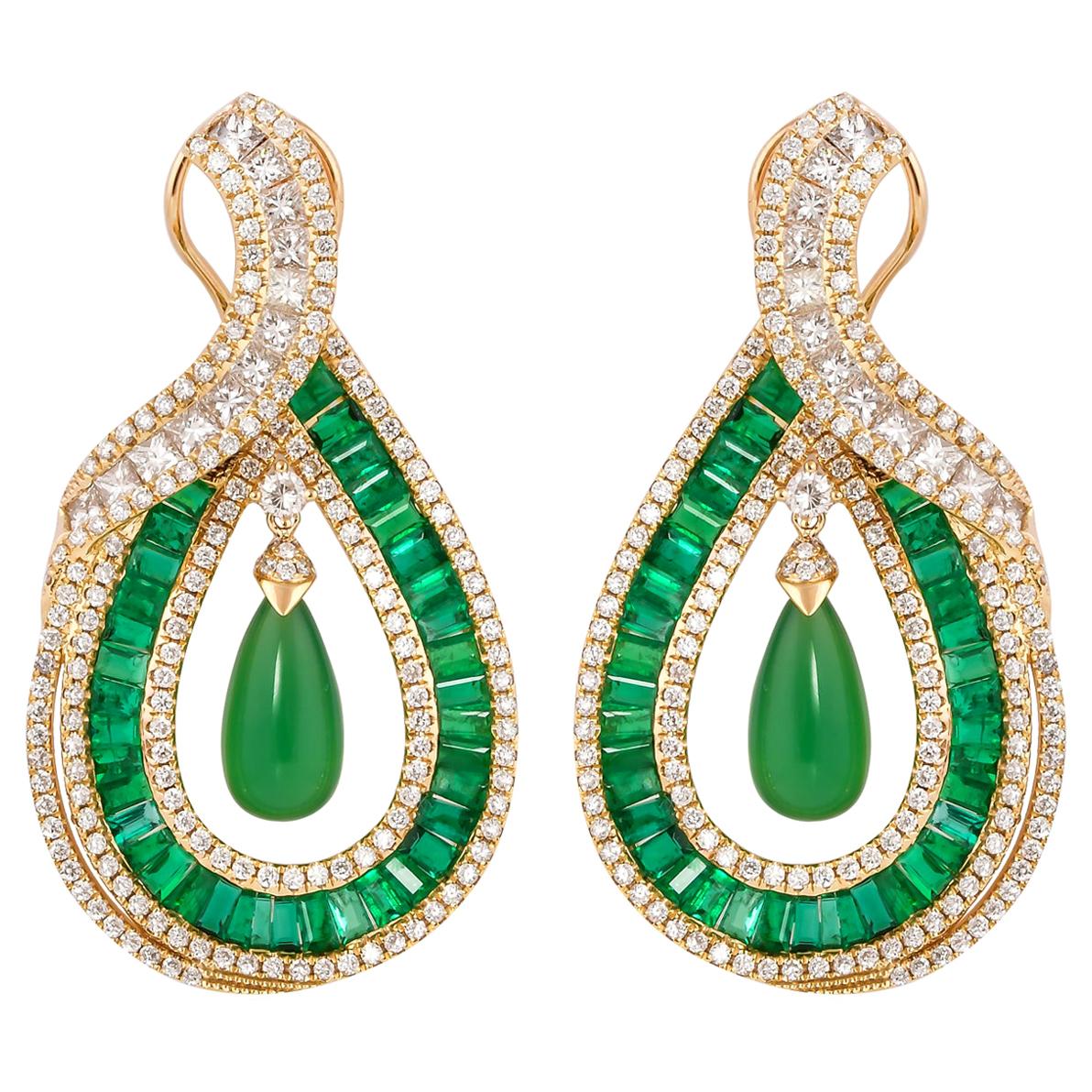 5.9 Carat Emerald, Green Chalcedony and Diamond Earrings in 18 Karat Yellow Gold For Sale
