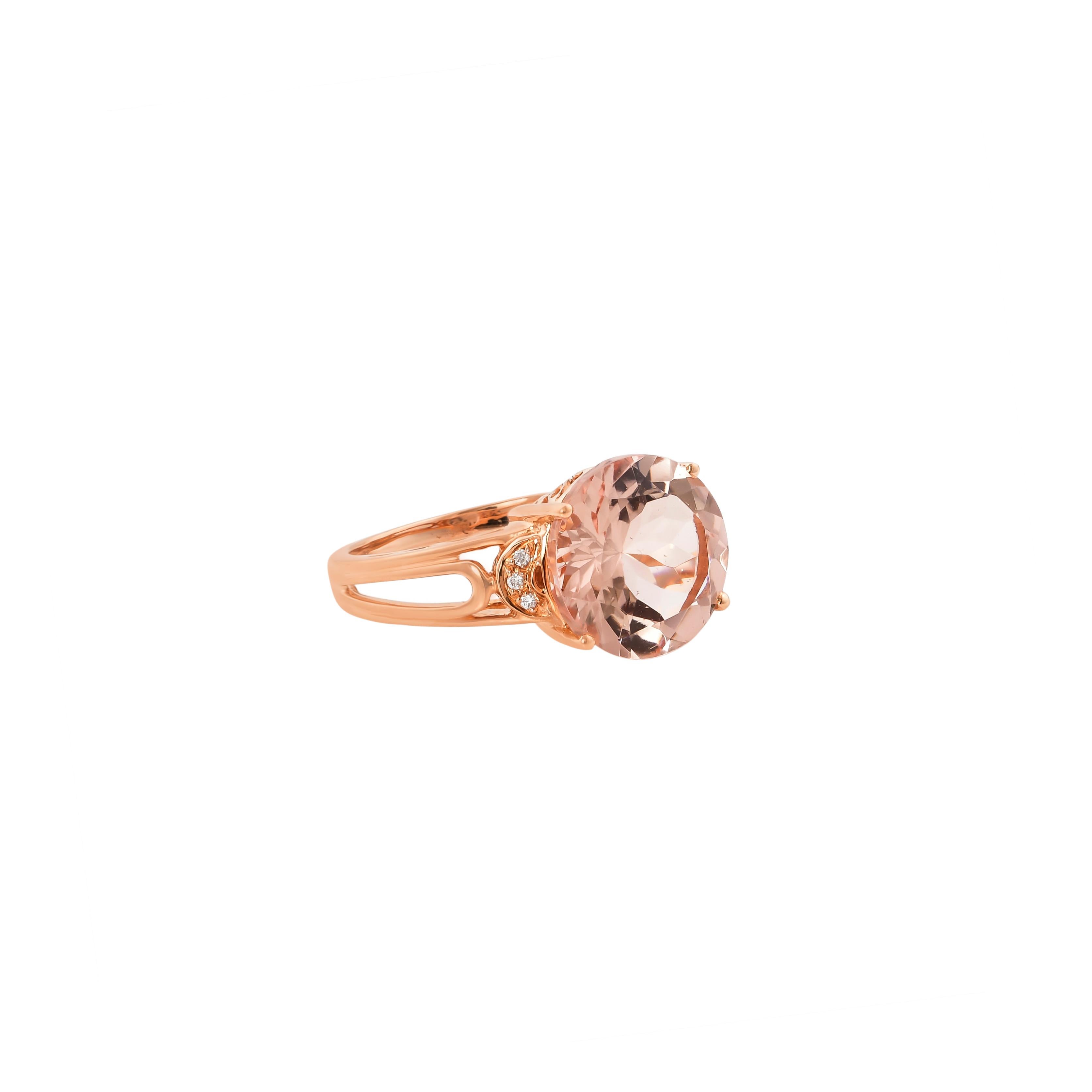 This collection features an array of magnificent morganites! Accented with diamonds these rings are made in rose gold and present a classic yet elegant look. 

Classic morganite ring in 18K rose gold with diamonds. 

Morganite: 5.98 carat round