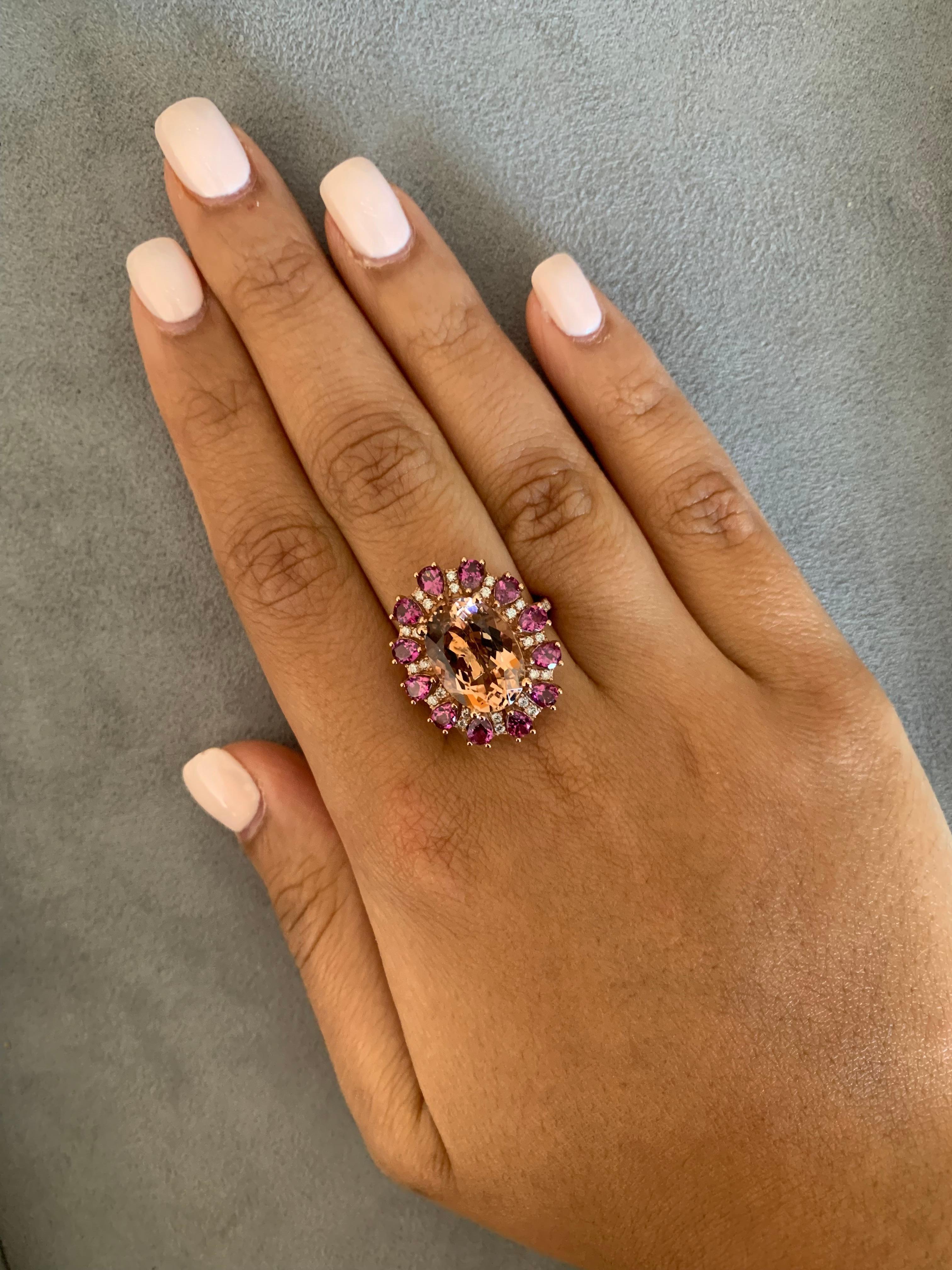 This collection features an array of magnificent morganites! Accented with diamonds these rings are made in rose gold and present a classic yet elegant look. The vibrant addition of red rhodolites perfectly assists the peachy hue of the morganite.