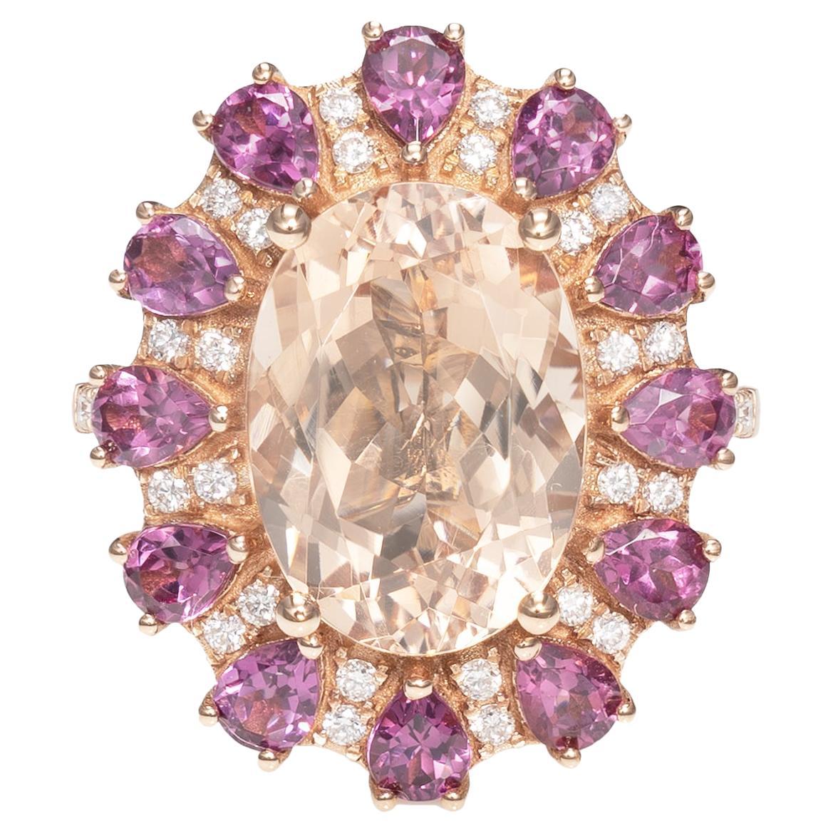 Sunita Nahata Morganite 5.90ct. Fancy Ring in 18KRG with Rhodolite & Diamond.