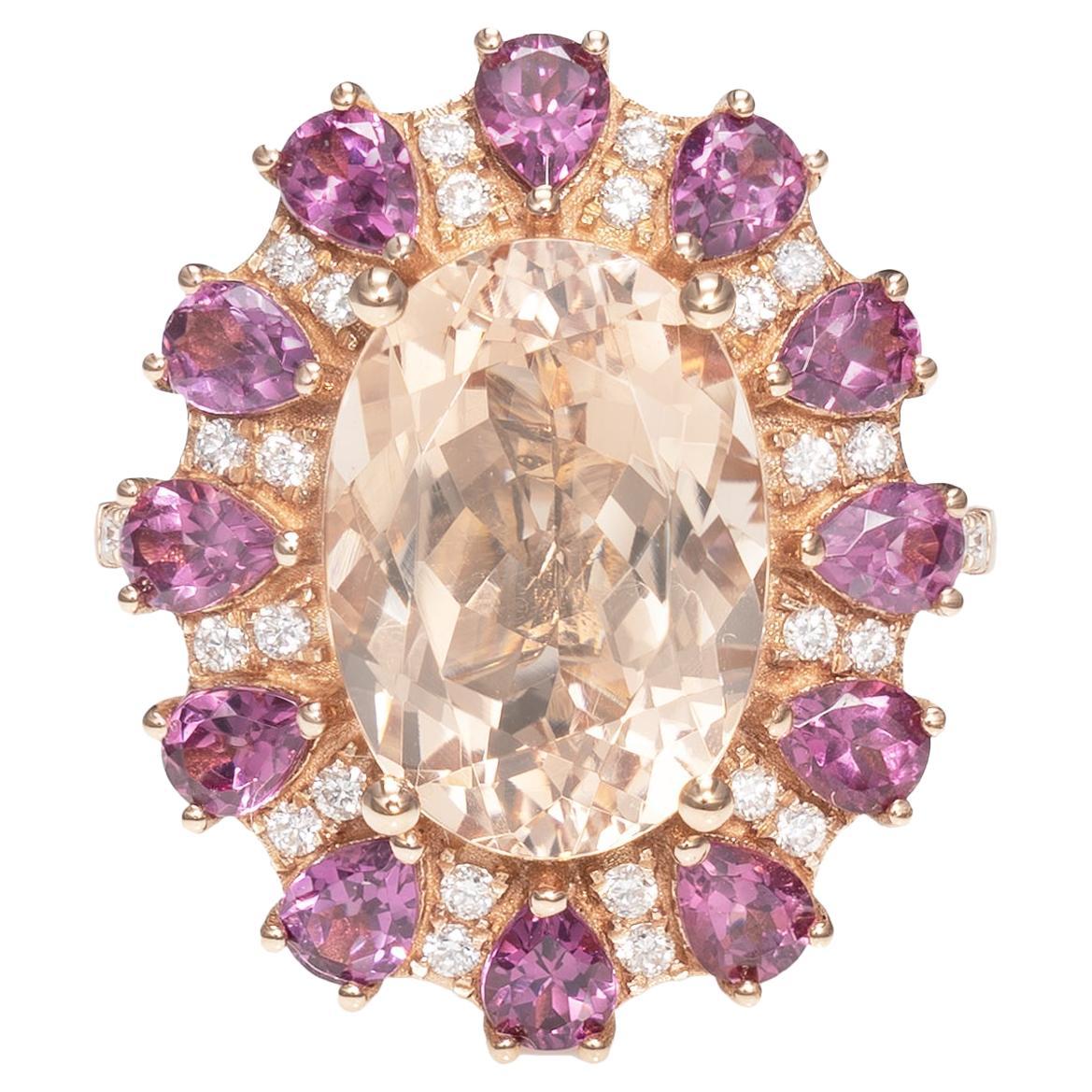 Bague en or rose 18 carats avec morganite, rhodolite et diamants de 5,9 carats