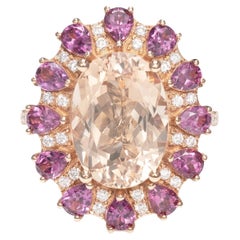 Bague en or rose 18 carats avec morganite, rhodolite et diamants de 5,9 carats