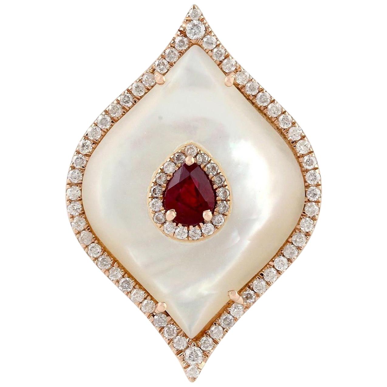 Ruby Mother of Pearl Diamond 18 Karat Cocktail Ring For Sale