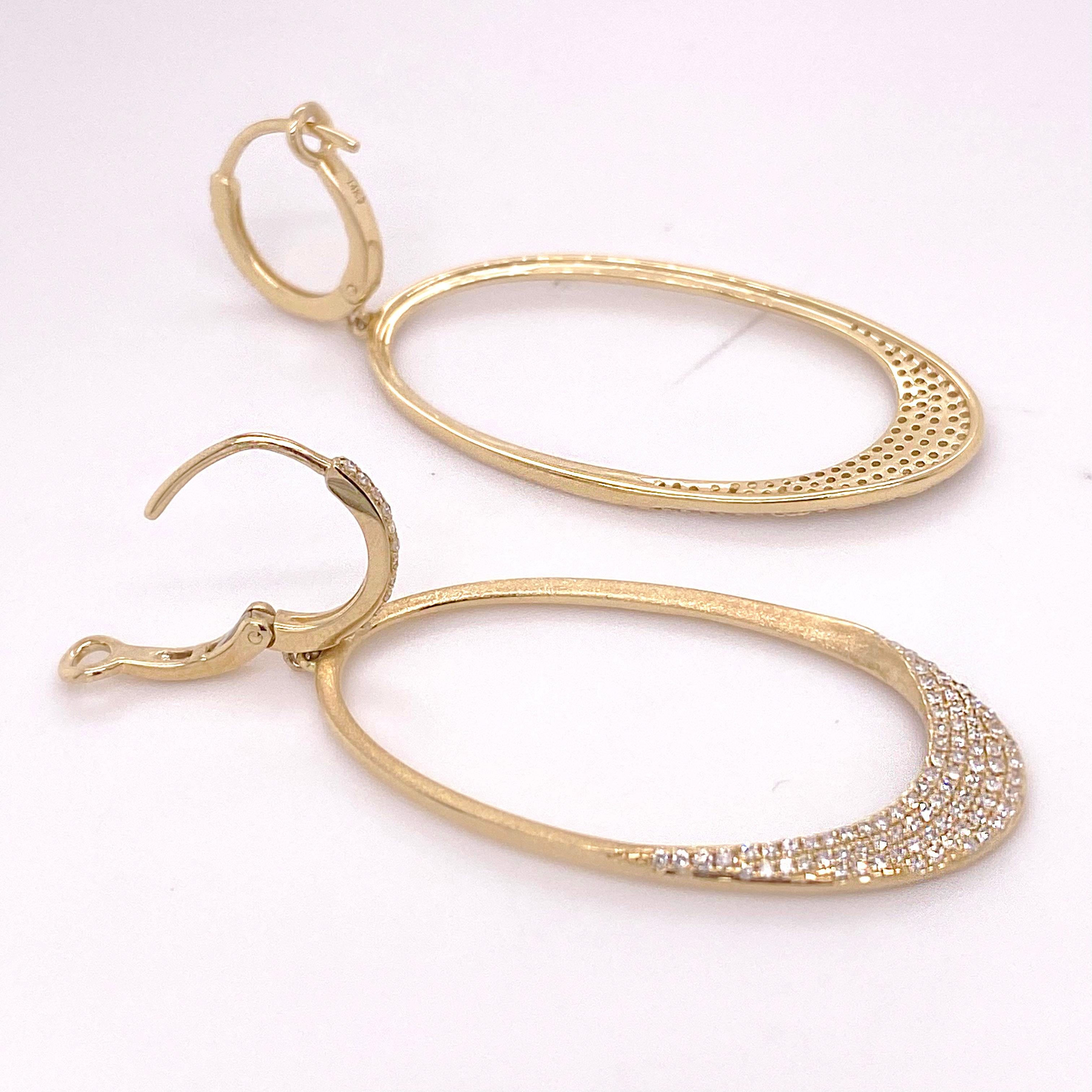 Round Cut .59 Carat Oval Dangle Diamond Earrings 14K Yellow Gold For Sale