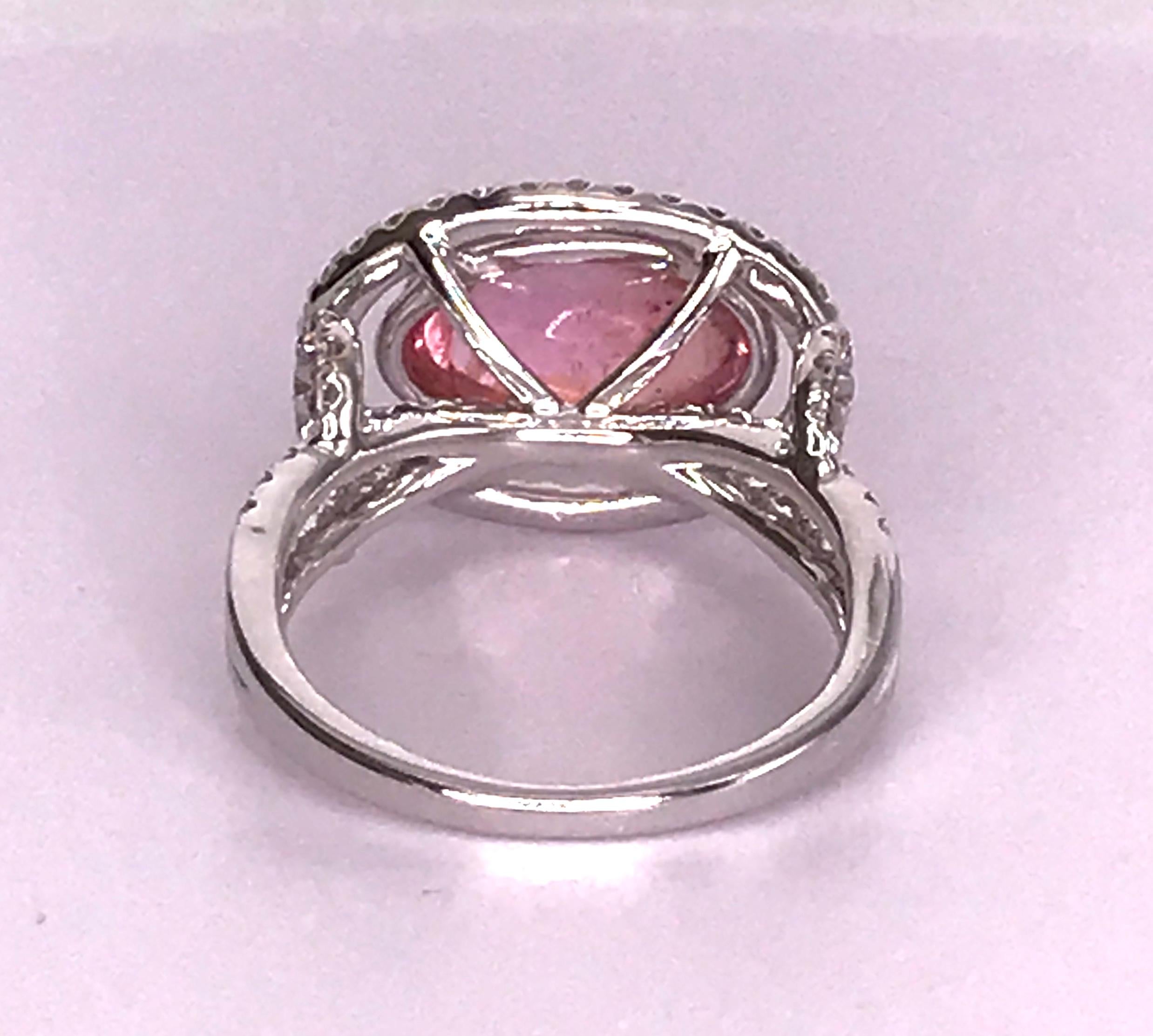 Contemporary 5.9 Carat Pink Tourmaline Cabochon and Diamond Ring For Sale