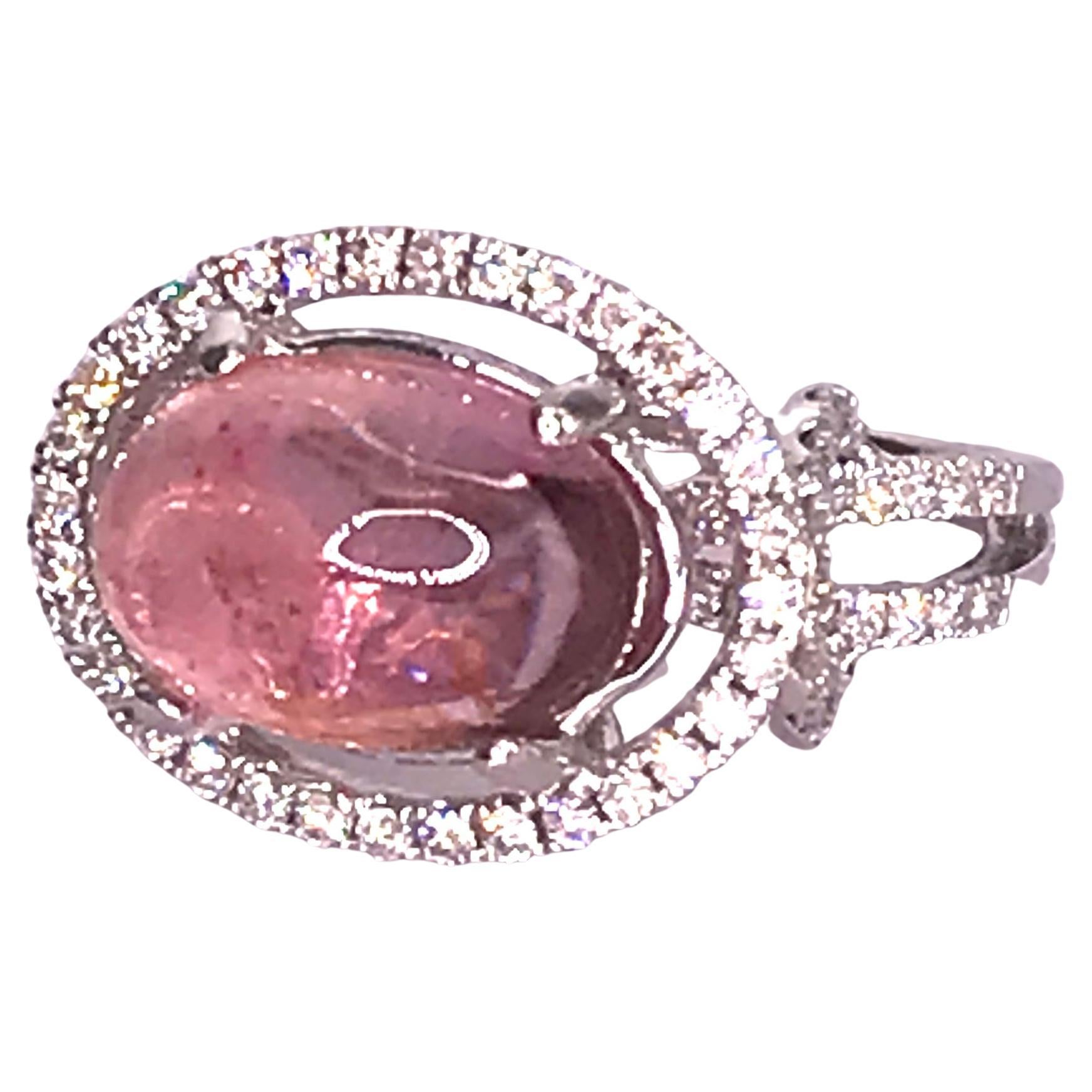 5.9 Carat Pink Tourmaline Cabochon and Diamond Ring For Sale
