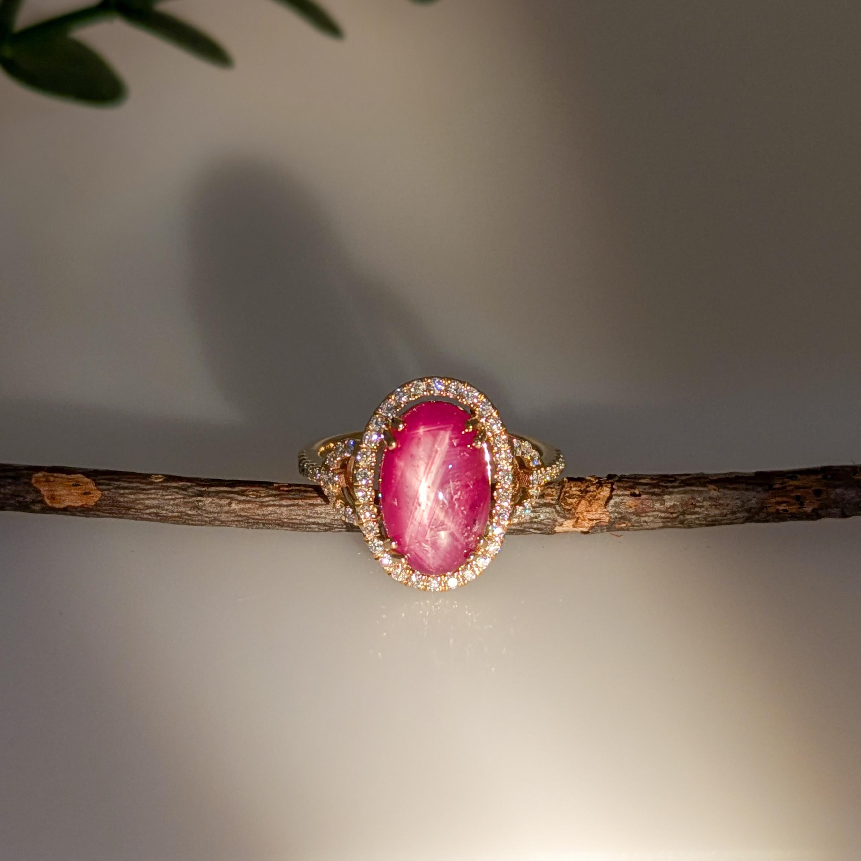 Art Deco 5.9 Carat Star Ruby Ring w Natural Diamond Accents in Solid 14K Gold  OV 12x8mm For Sale