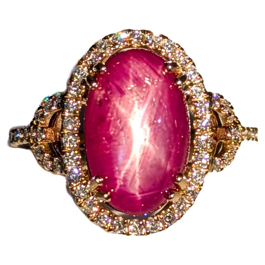 5.9 Carat Star Ruby Ring w Natural Diamond Accents in Solid 14K Gold  OV 12x8mm For Sale