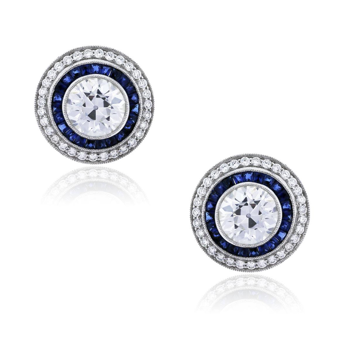 Round Cut 5.90 Carat Diamond and 1.40 Carat Sapphire Earrings Platinum in Stock For Sale