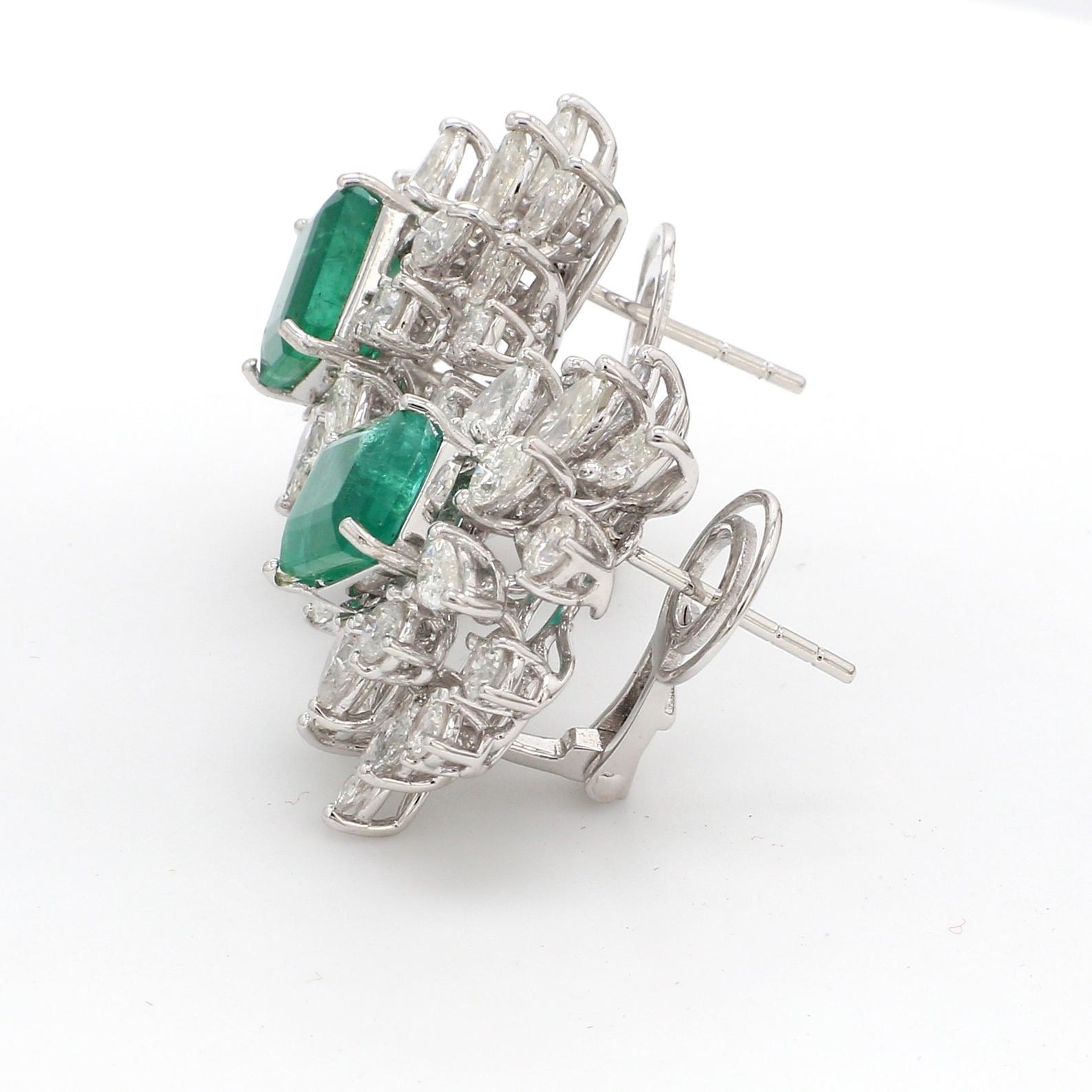 Modern 5.90 Carat Diamond Zambian Emerald 14 Karat Gold Cluster Stud Earrings For Sale