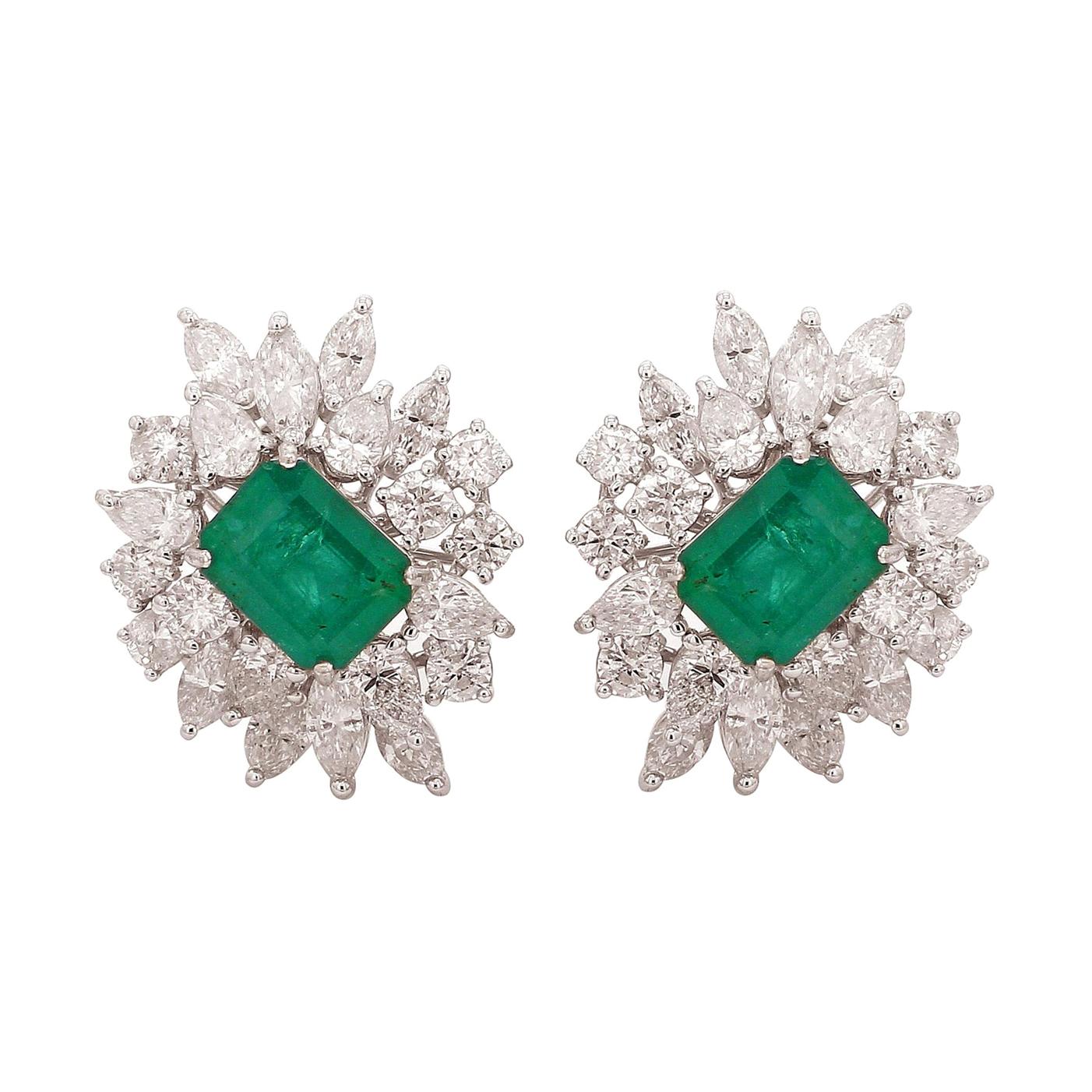 5.90 Carat Diamond Zambian Emerald 14 Karat Gold Cluster Stud Earrings For Sale