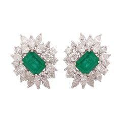 5.90 Carat Diamond Zambian Emerald 14 Karat Gold Cluster Stud Earrings