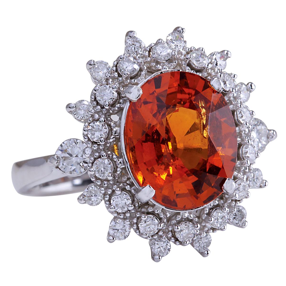 Stamped: 18K White Gold<br>Total Ring Weight: 5.5 Grams<br>Ring Length: N/A<br>Ring Width: N/A<br>Gemstone Weight: Total Natural Mandarin Garnet Weight is 5.15 Carat (Measures: 11.46x9.79 mm)<br>Color: Orange<br>Diamond Weight: Total Natural Diamond