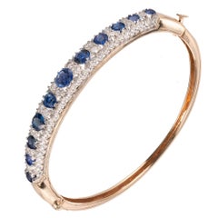 Antique 5.90 Carat Natural Sapphire Diamond Gold Bangle Bracelet