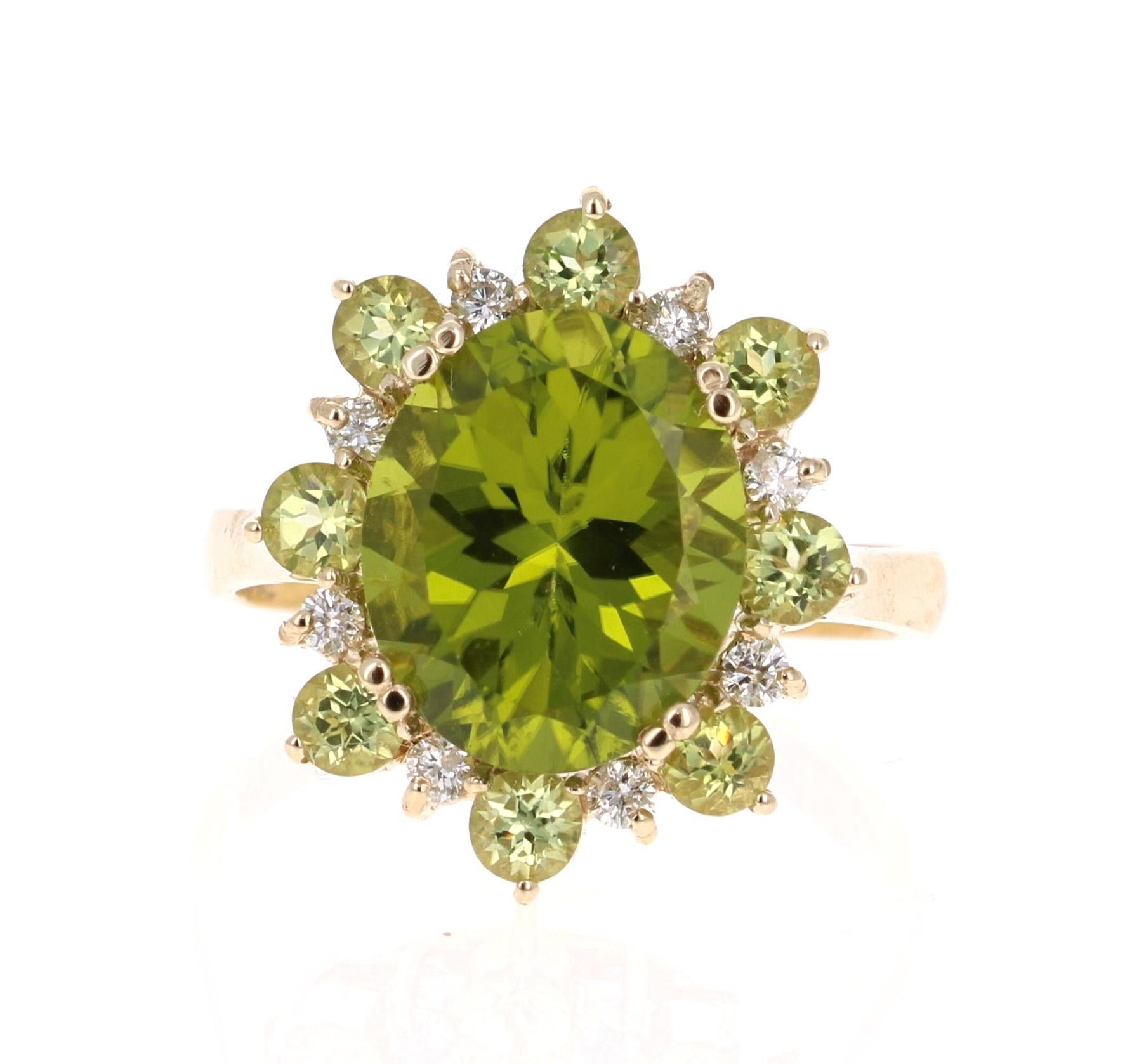 This beauty has an Oval Cut Peridot in the center that weighs 4.81 Carats and is surrounded by petal like placement of alternating Peridots and Diamonds that weigh 1.09 Carats. The Clarity and Color of the Diamonds is SI - F and the total carat