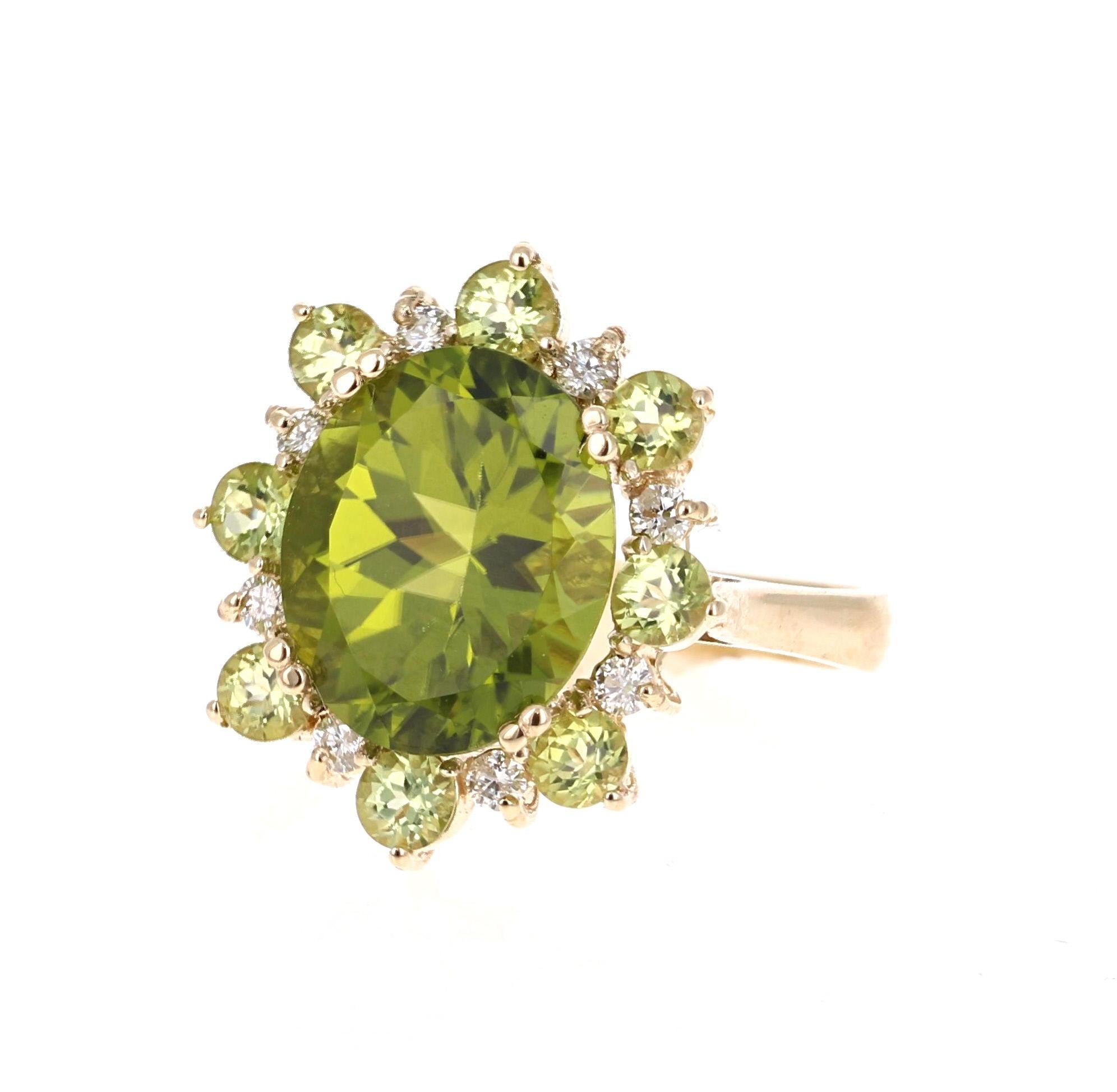 Modern 5.90 Carat Oval Cut Peridot Diamond 14 Karat Yellow Gold Cocktail Ring