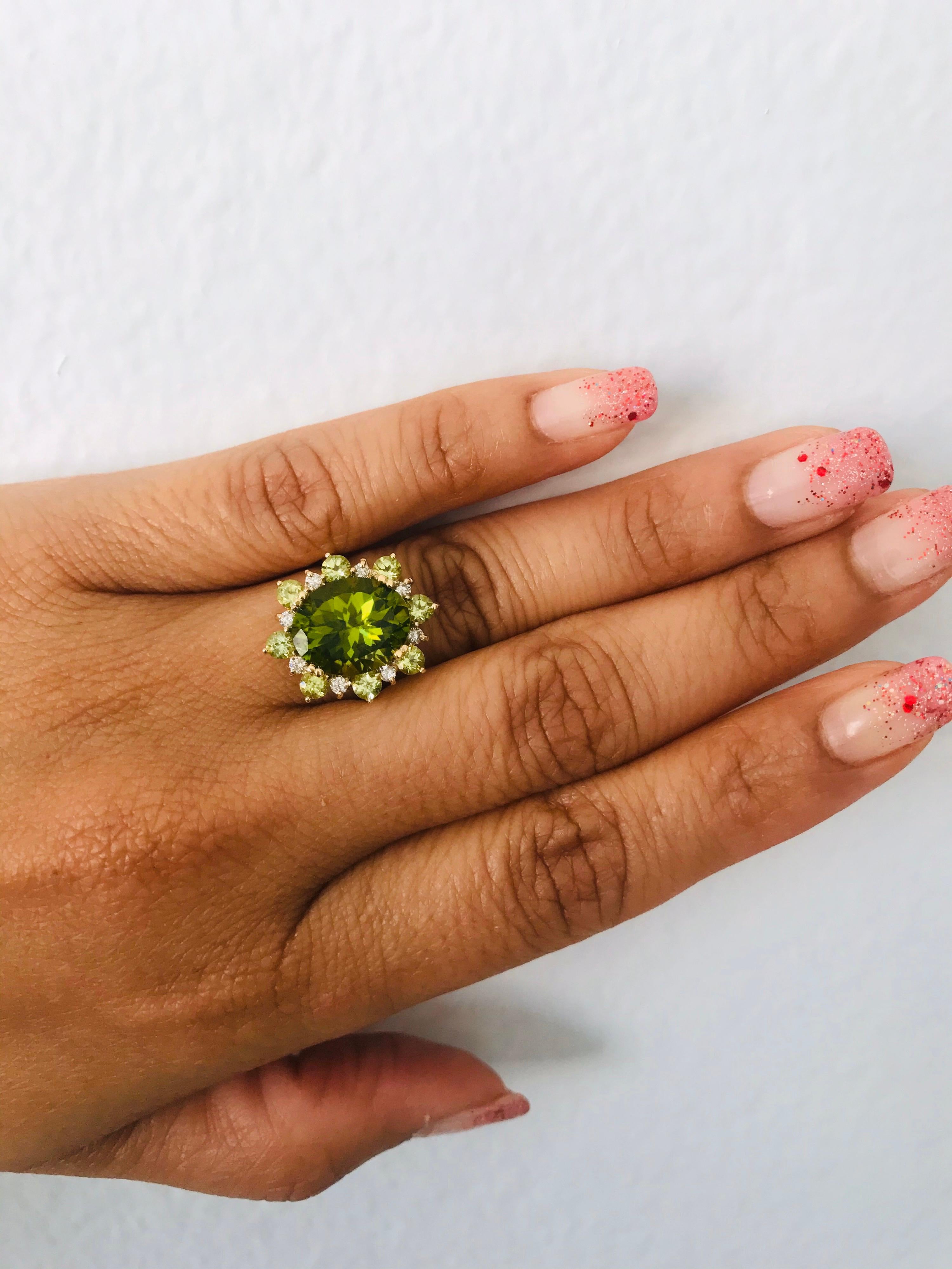 5.90 Carat Oval Cut Peridot Diamond 14 Karat Yellow Gold Cocktail Ring 3