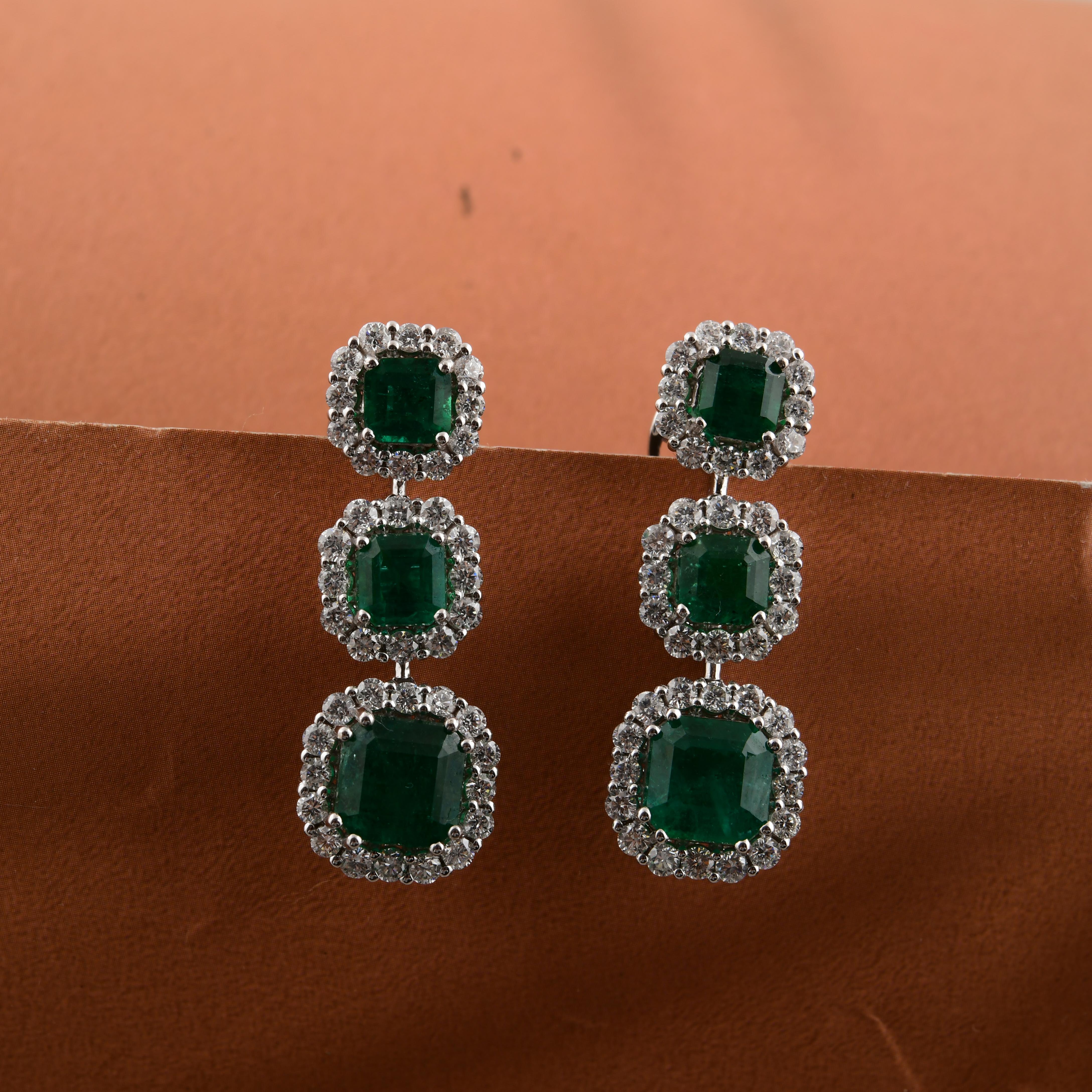 Modern 5.90 Carat Zambian Emerald 1.82 Carat SI/H Diamond 18 Karat White Gold Earrings For Sale