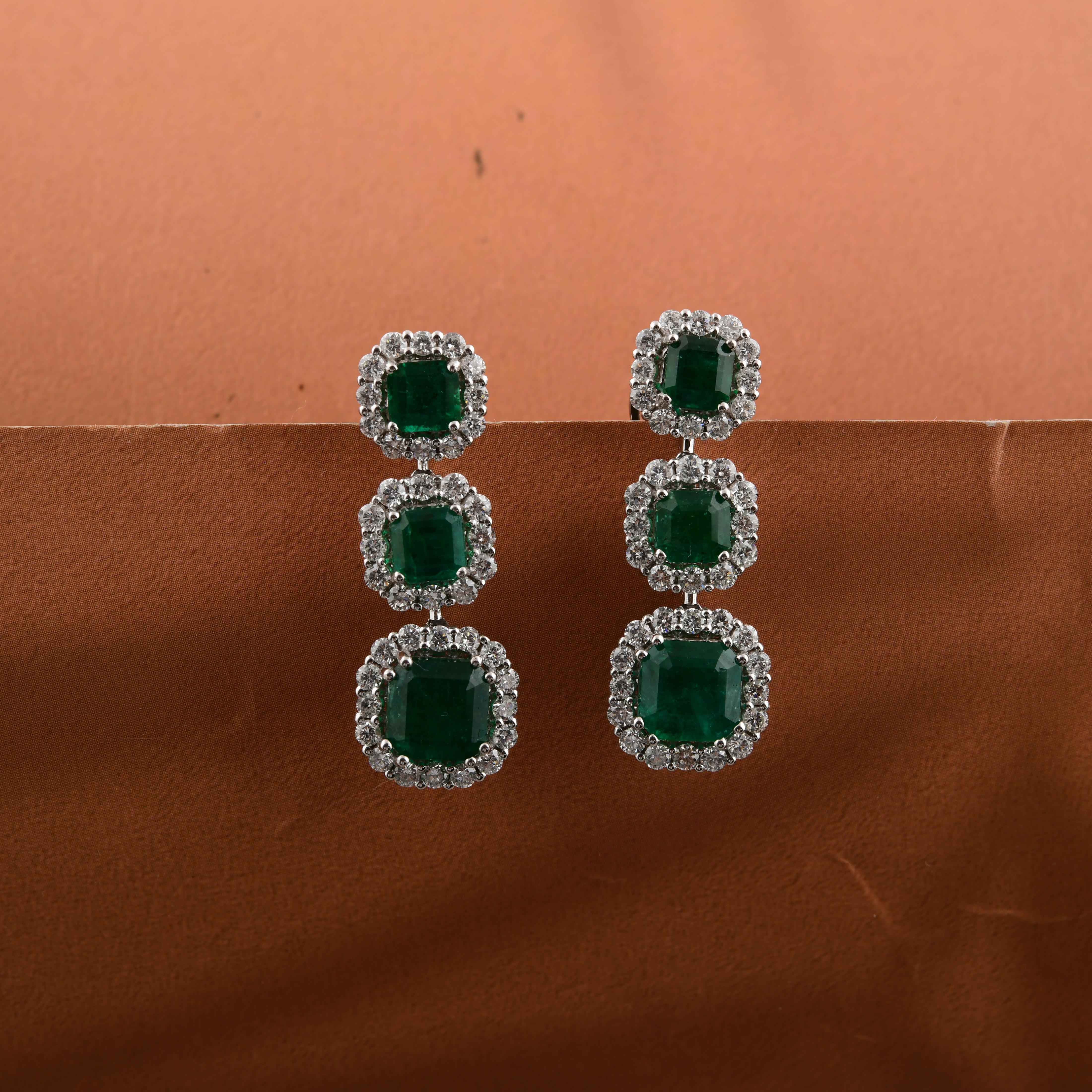 Octagon Cut 5.90 Carat Zambian Emerald 1.82 Carat SI/H Diamond 18 Karat White Gold Earrings For Sale