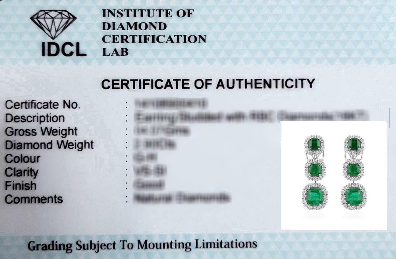 Women's 5.90 Carat Zambian Emerald 1.82 Carat SI/H Diamond 18 Karat White Gold Earrings For Sale