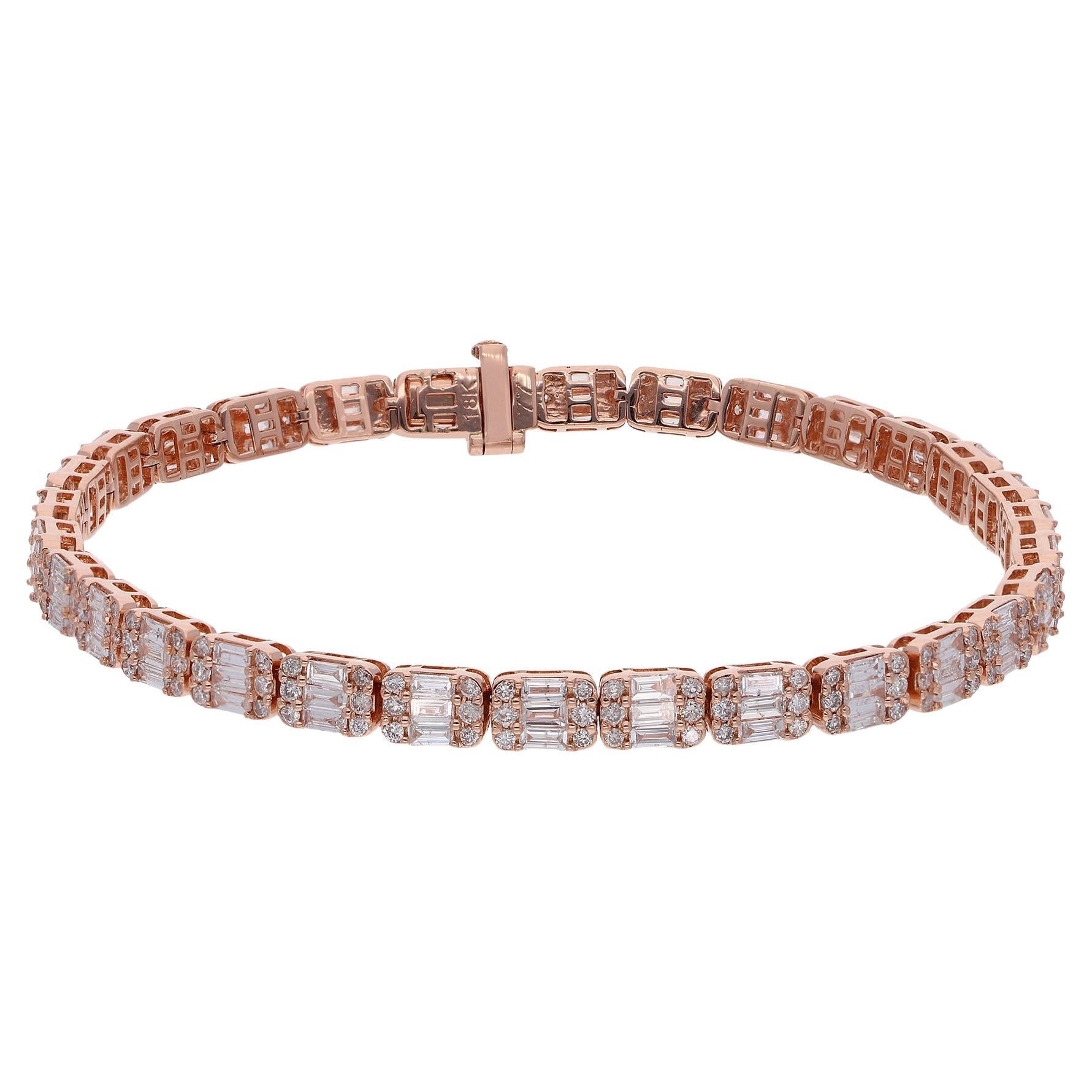 5,90 Karat SI Reinheit HI Farbe Baguette Diamant-Charm-Armband 18 Karat Roségold