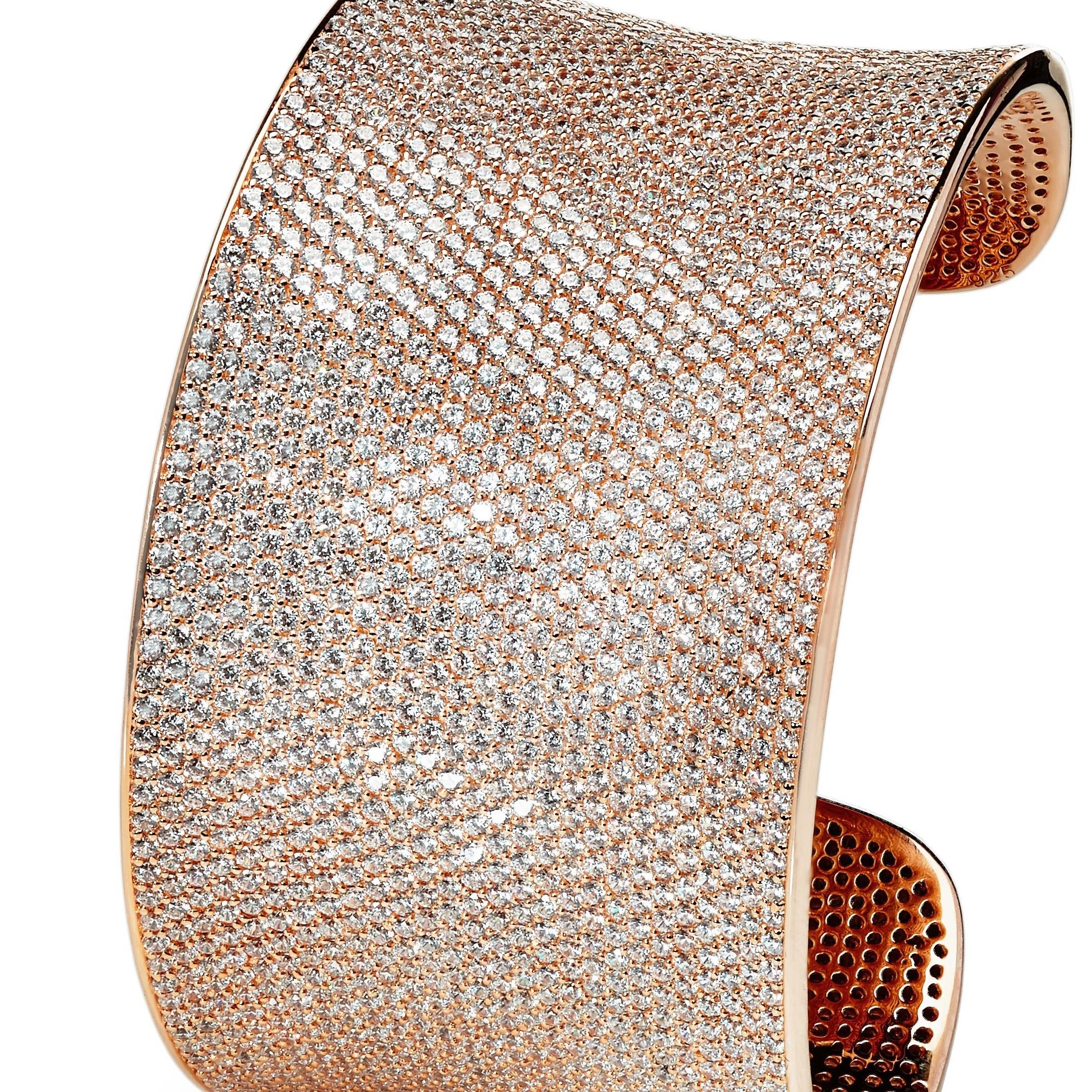 Art Deco 59Carat Cubic Zirconia 14 Karat Rose Gold Plated Solid Bridal Lustre Cuff Bangle For Sale