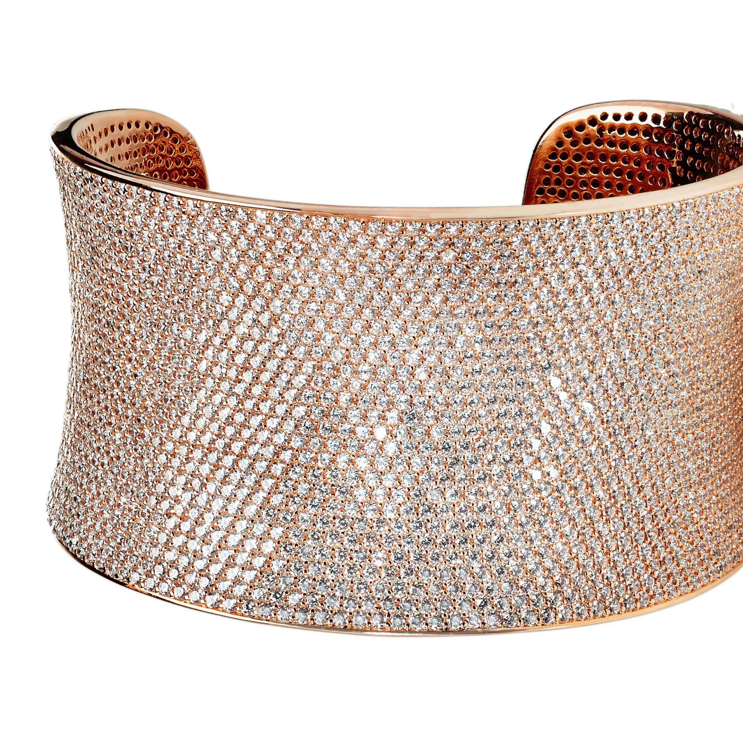 59Carat Cubic Zirconia 14 Karat Rose Gold Plated Solid Bridal Lustre Cuff Bangle For Sale 1