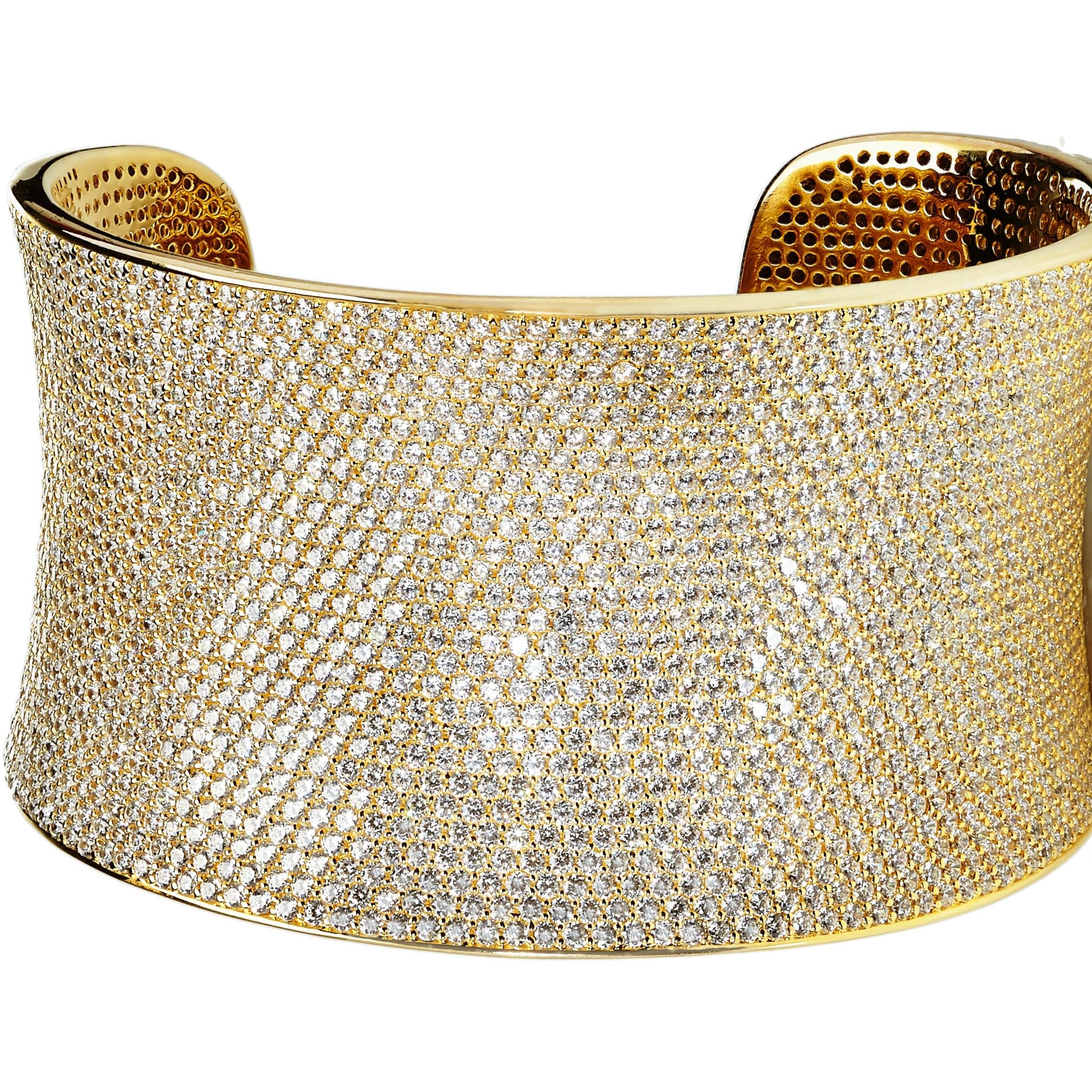 Art Deco 59 Carat Cubic Zirconia 14KT Yellow Gold Plated Solid Bridal Lustre Cuff Bangle For Sale