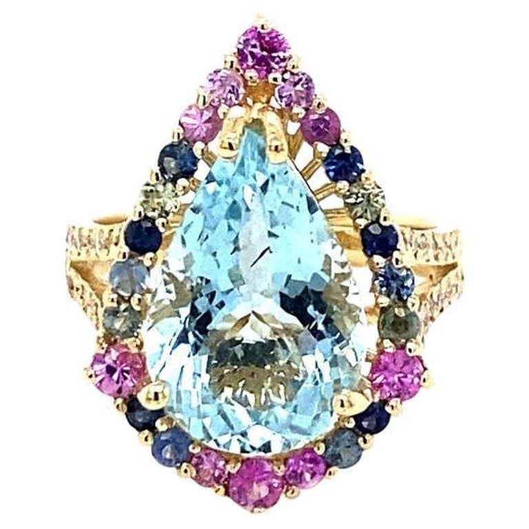 5.91 Carat Aquamarine Sapphire Diamond Yellow Gold Cocktail Ring For Sale