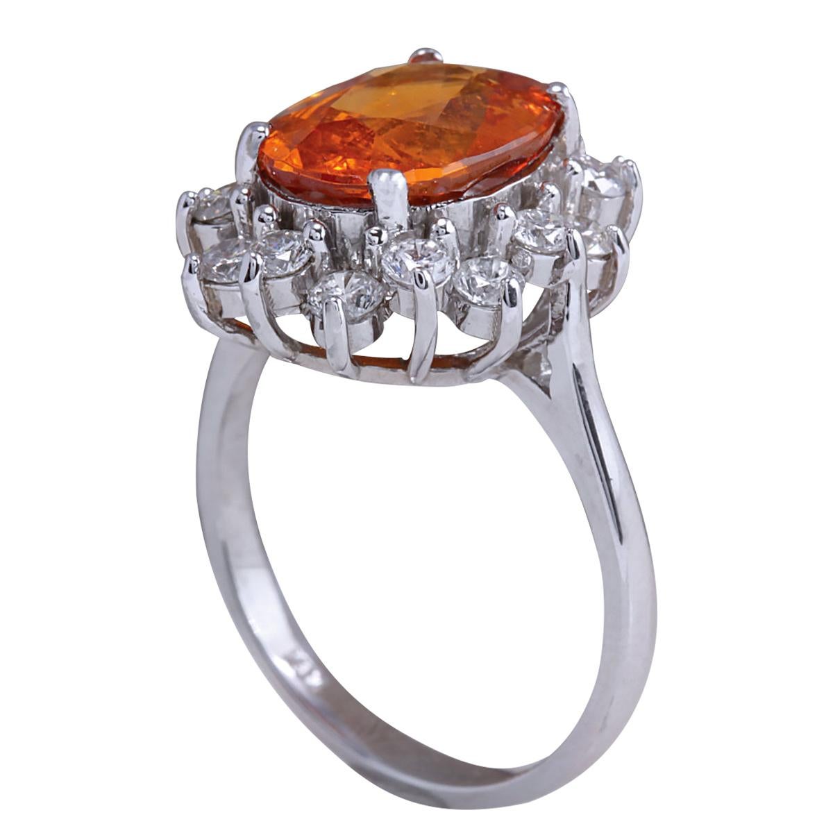 5.91 Carat Natural Mandarin Garnet 18 Karat White Gold Diamond Ring In New Condition In Los Angeles, CA