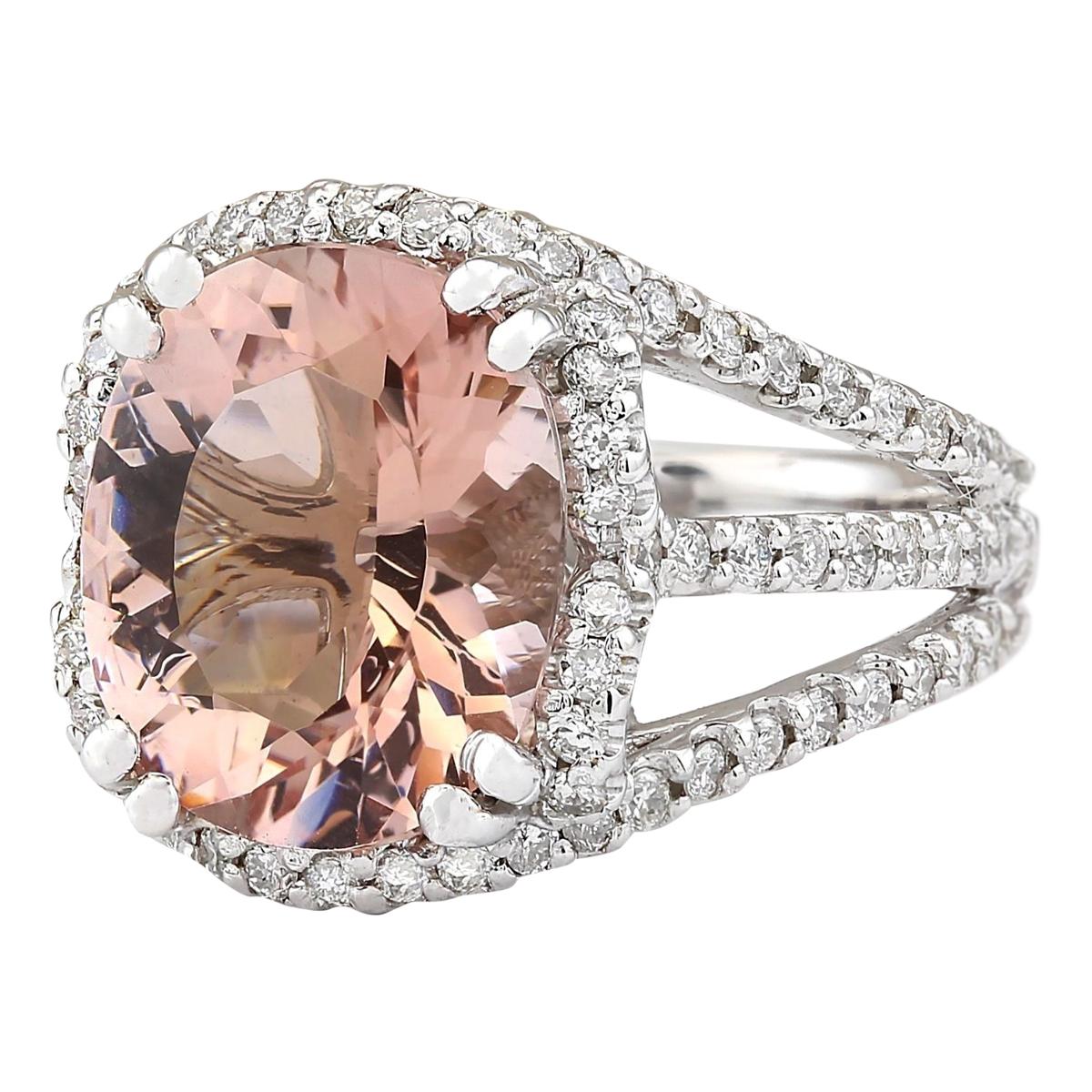 Discover exquisite beauty with our 14K White Gold Diamond Ring, featuring a stunning 5.91 Carat Natural Morganite centerpiece, elegantly set in a 14K white gold band. The Morganite stone, measuring 12.00x10.00 mm, exudes a captivating peach hue,