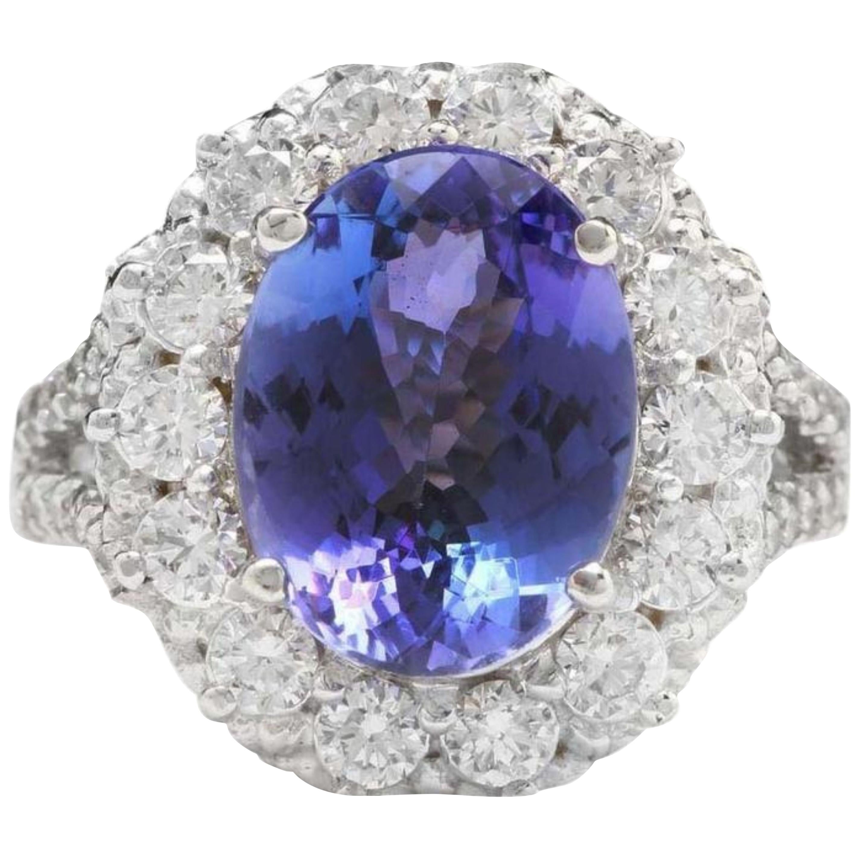 Bague en or blanc massif 14 carats avec tanzanite naturelle de 5,91 carats et diamants