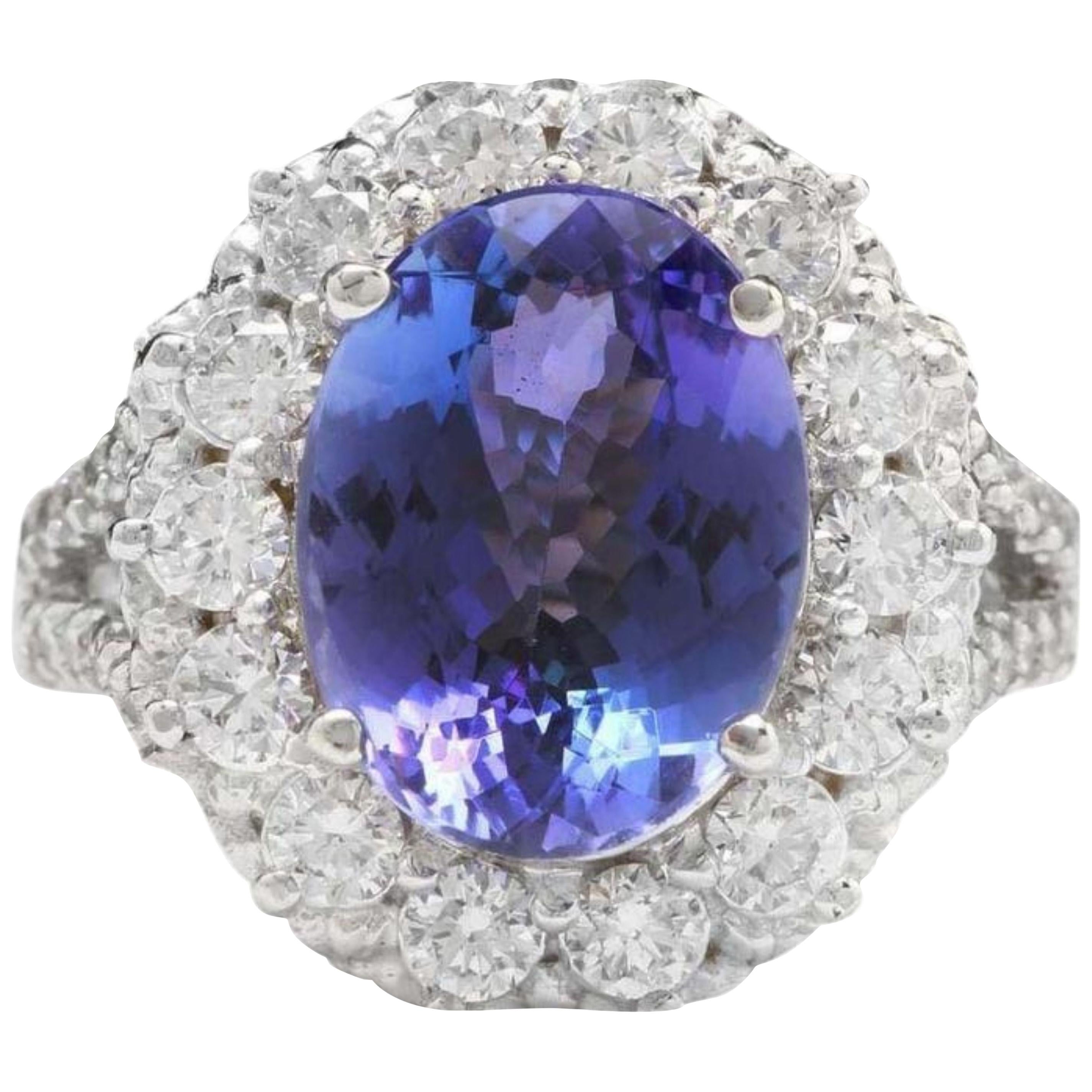 5.91 Carat Natural Tanzanite and Diamond 14 Karat Solid White Gold Ring For Sale