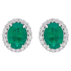 5.91 Carat Oval Zambian Emerald Earrings 1.20 Carat SI/H Diamond 18k White Gold