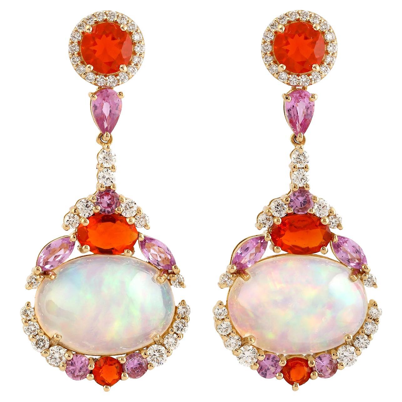 5.91 Ethiopian Opal Fire Opal Diamond 18 Karat Gold Earrings For Sale