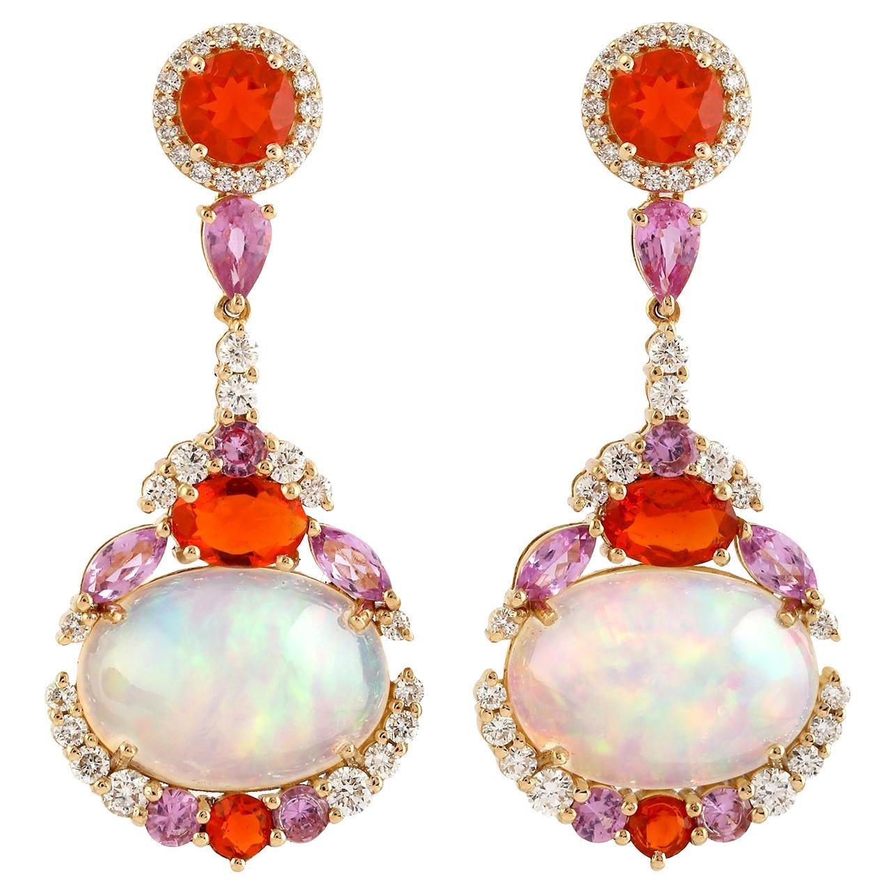 5.91 Ethiopian Opal Fire Opal Diamond 14 Karat Gold Earrings