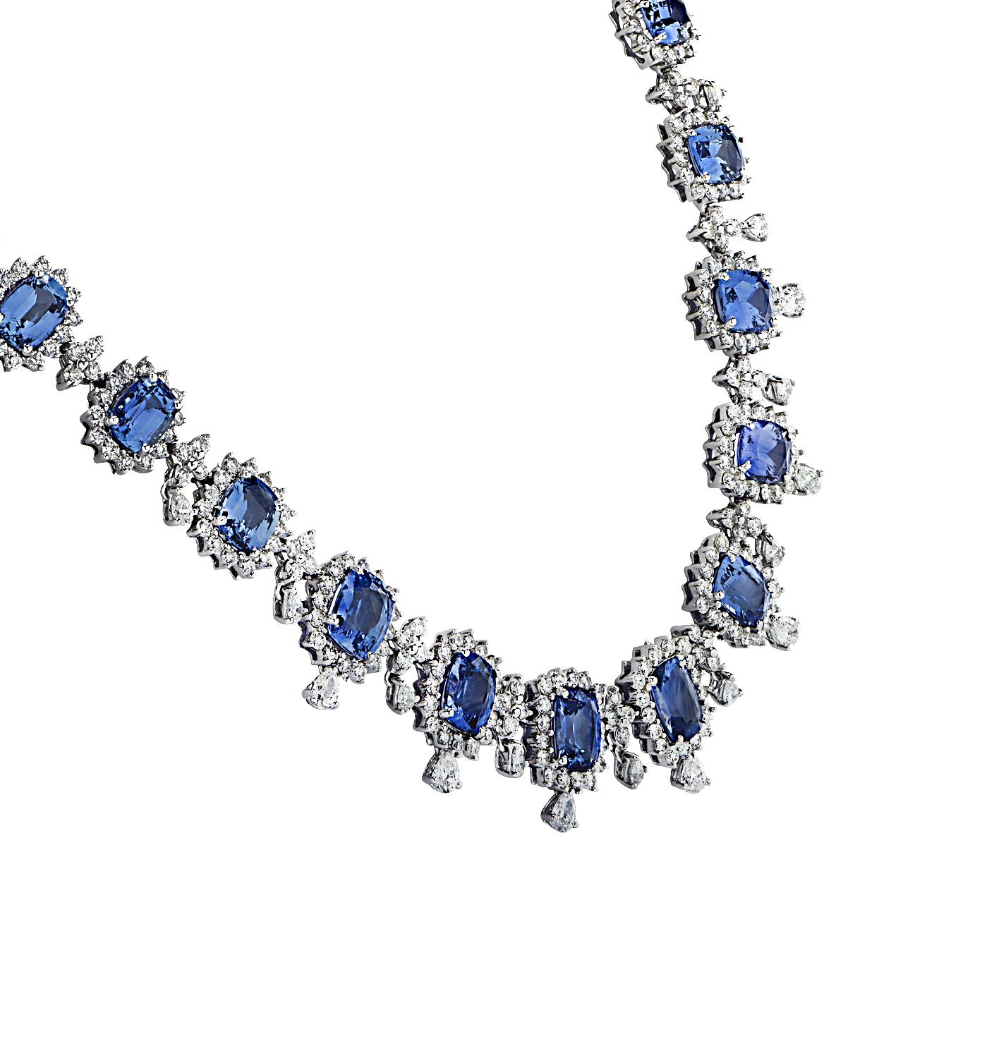 Modern 59.15 Carat Ceylon Sapphire and White Diamond Necklace