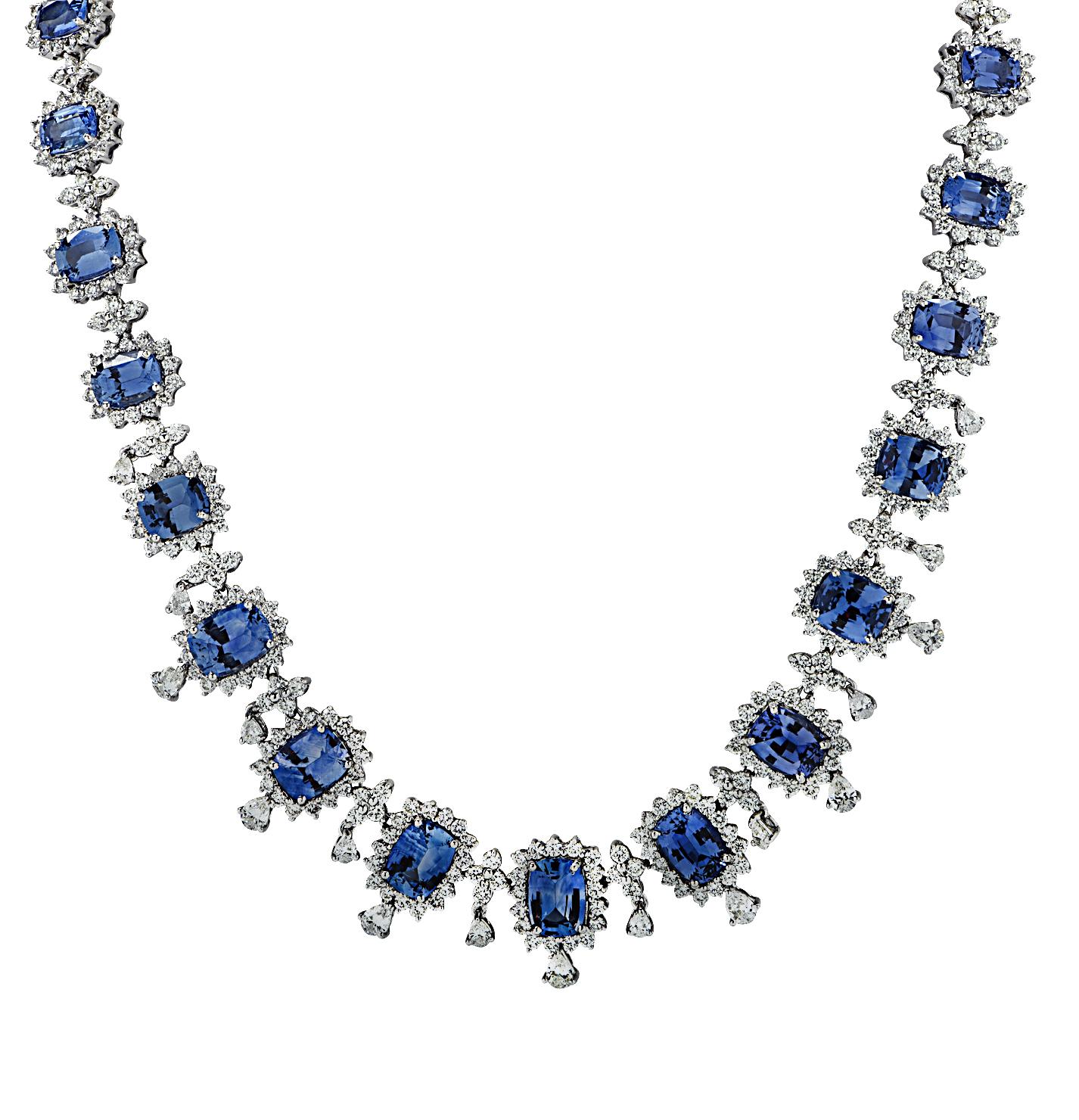 Cushion Cut 59.15 Carat Ceylon Sapphire and White Diamond Necklace