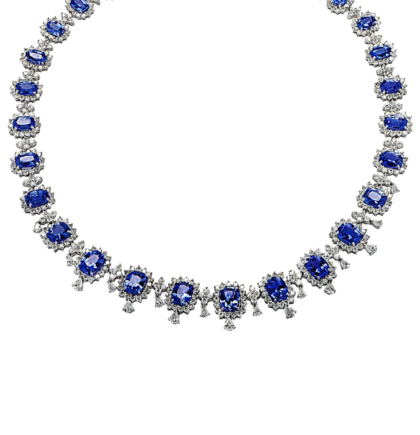 59.15 Carat Ceylon Sapphire and White Diamond Necklace In New Condition In Miami, FL