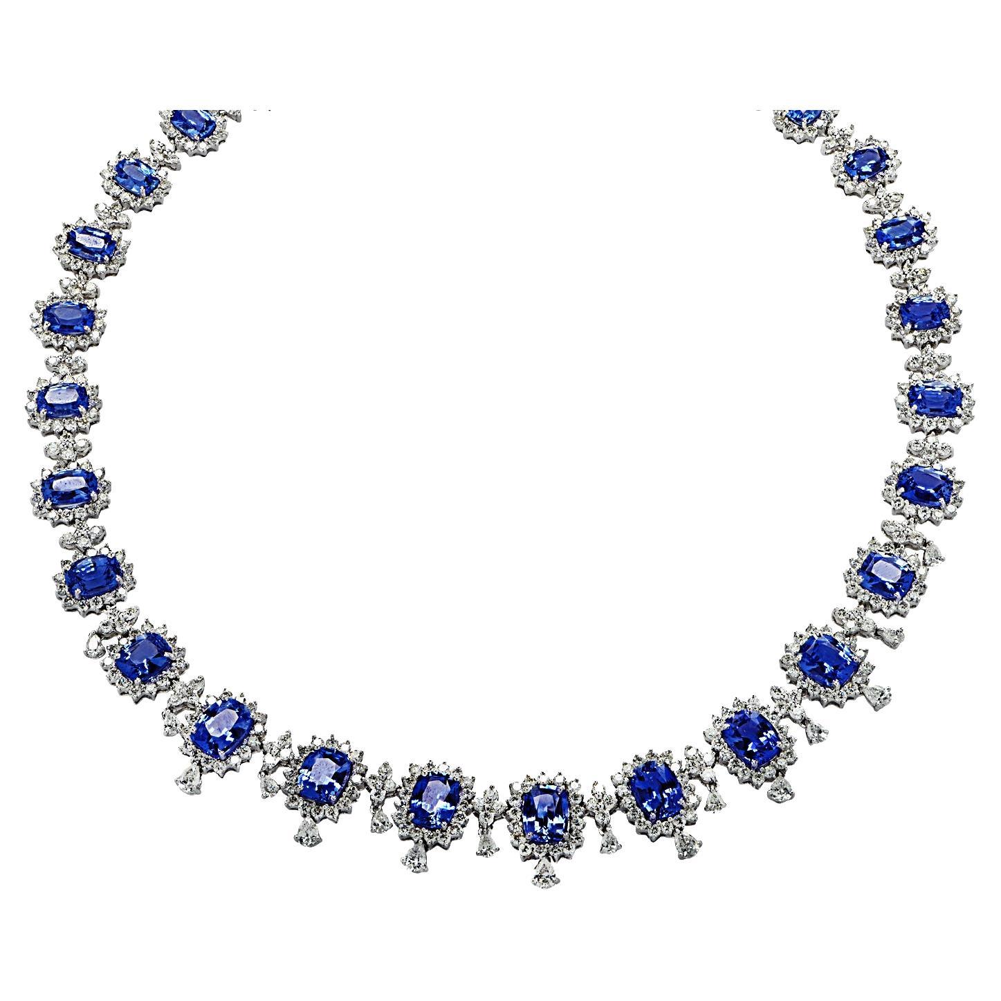 59.15 Carat Ceylon Sapphire and White Diamond Necklace