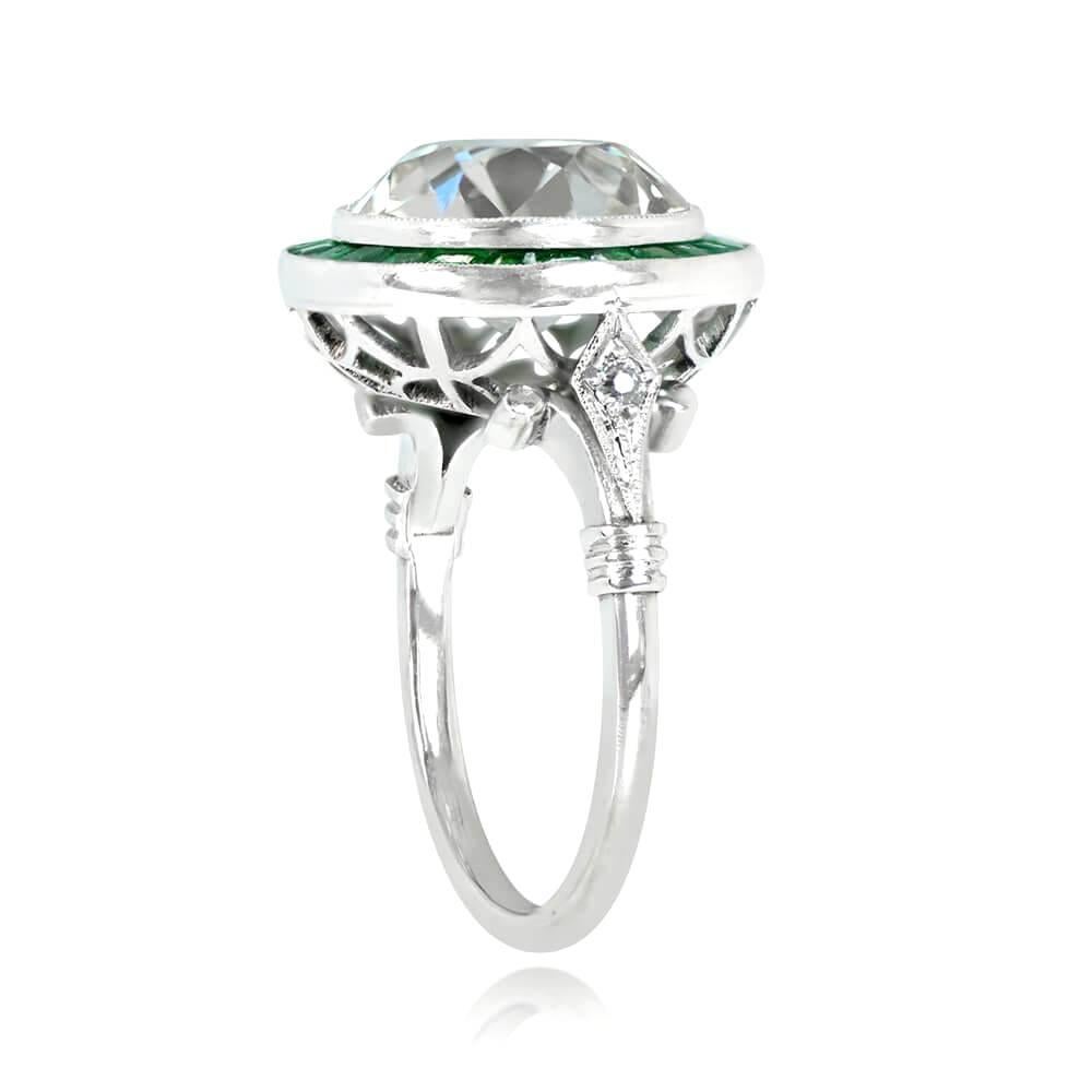 Art Deco 5.91ct Diamond Platinum Engagement Ring with a Stunning Calibre-Cut Emerald Halo For Sale