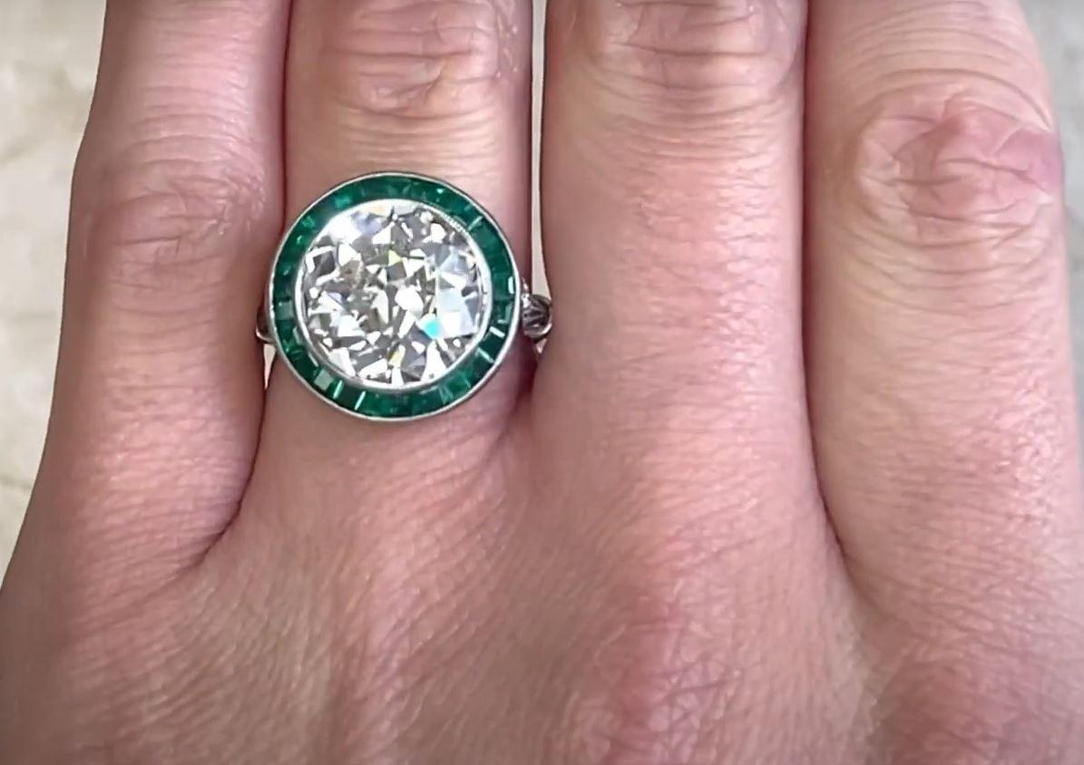 Old European Cut 5.91ct Diamond Platinum Engagement Ring with a Stunning Calibre-Cut Emerald Halo For Sale