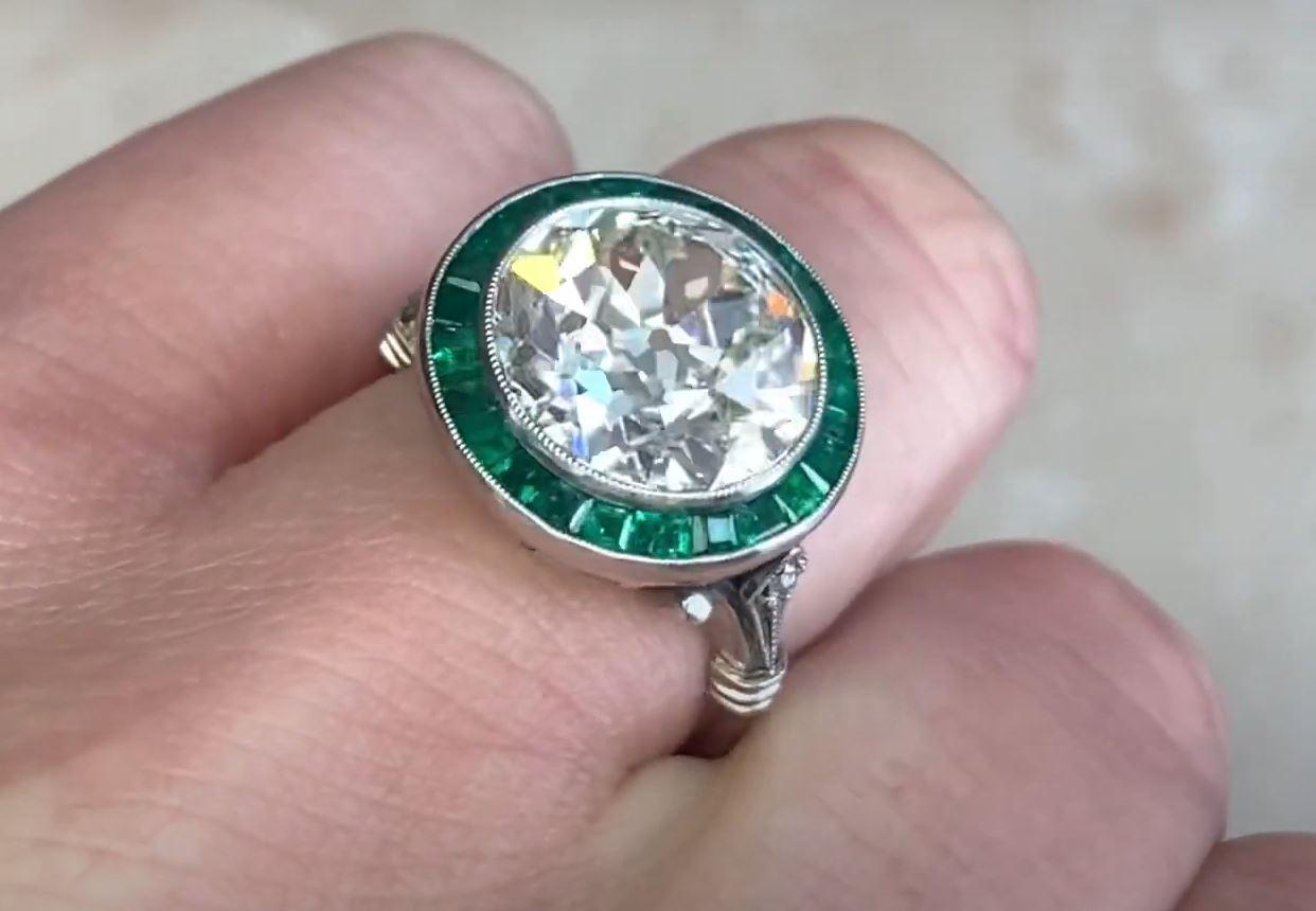 Women's 5.91ct Diamond Platinum Engagement Ring with a Stunning Calibre-Cut Emerald Halo For Sale