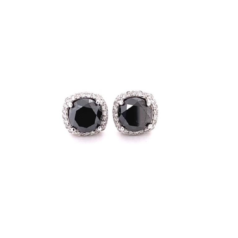 Round Cut 5.92 Carat Black Diamond White Diamond 14 Karat White Gold Stud Earrings For Sale