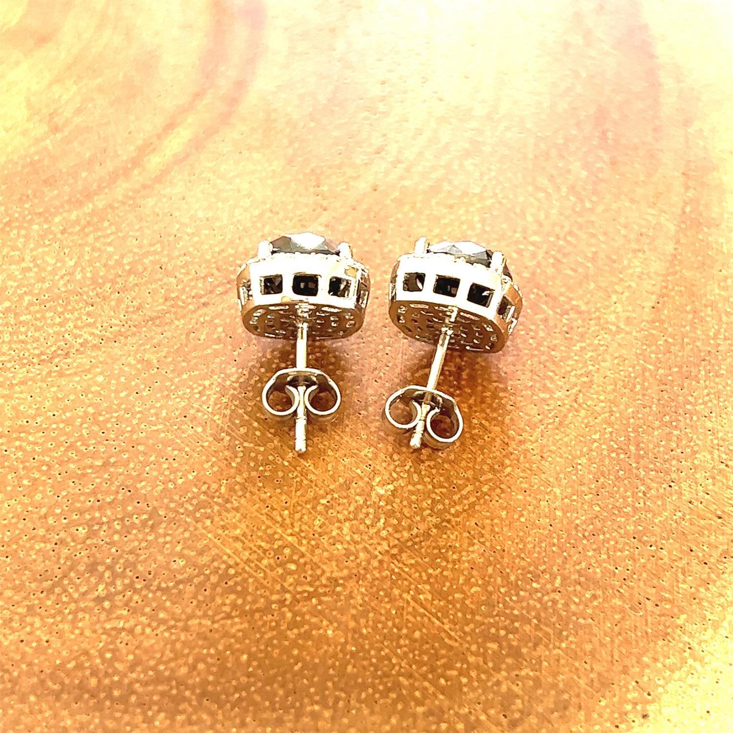 Women's or Men's 5.92 Carat Black Diamond White Diamond 14 Karat White Gold Stud Earrings For Sale